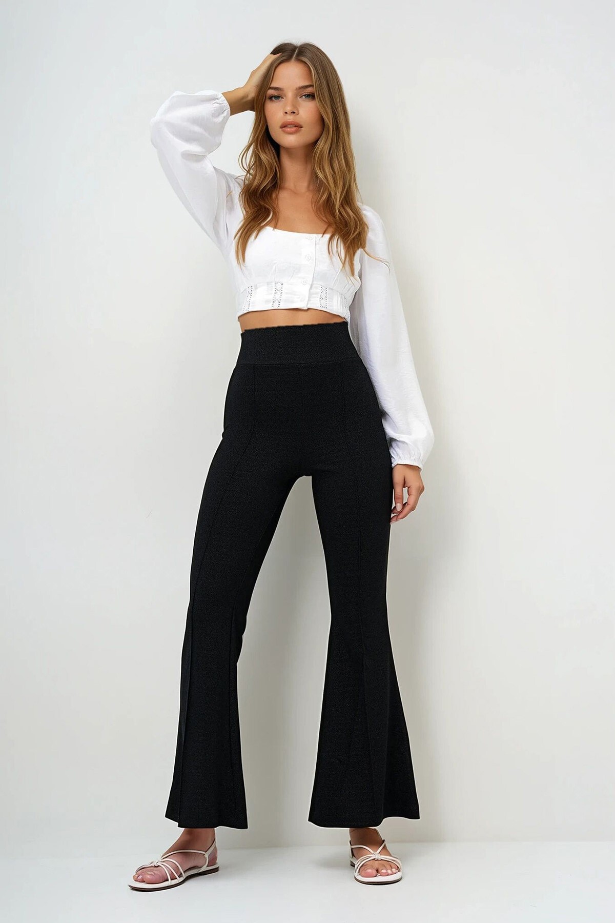 Siyah İspanyol Paça Çimalı Simli Pantolon