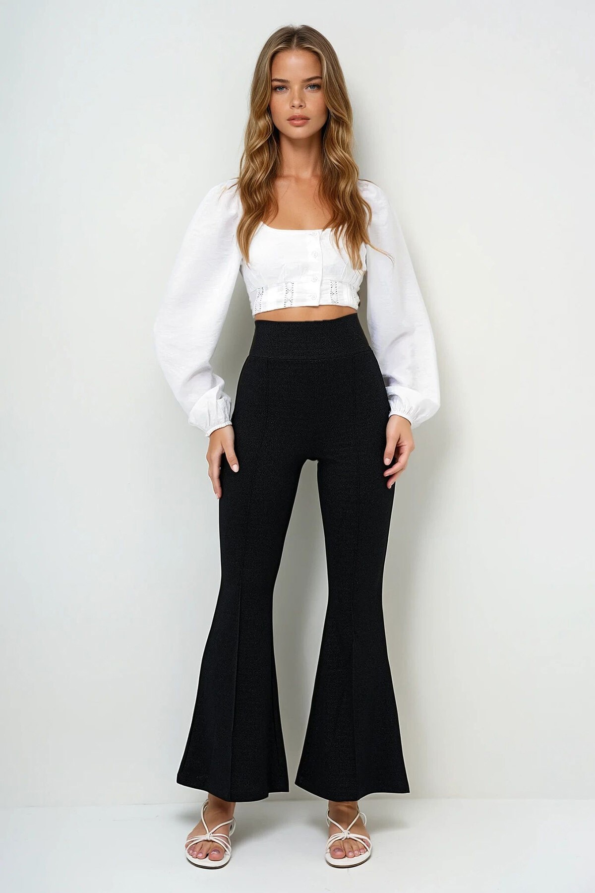 Siyah İspanyol Paça Çimalı Simli Pantolon