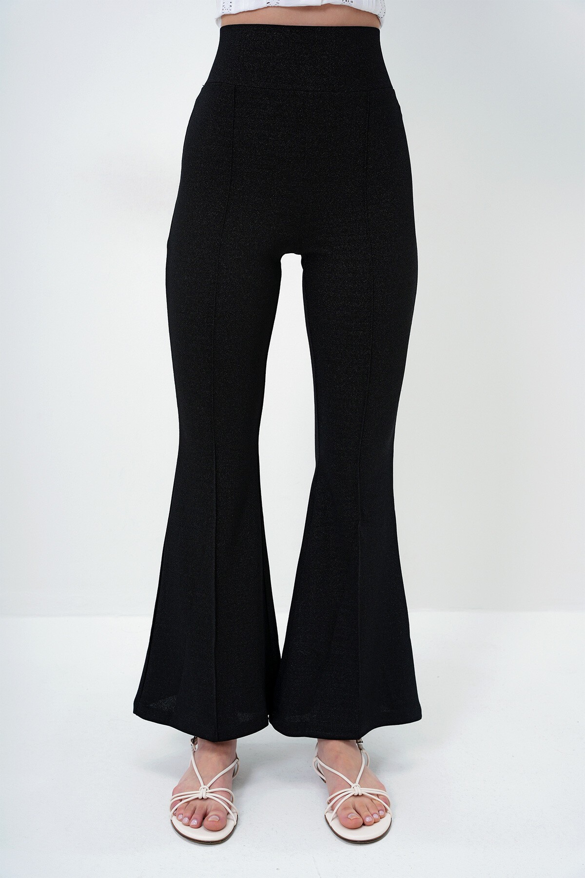 Siyah İspanyol Paça Çimalı Simli Pantolon