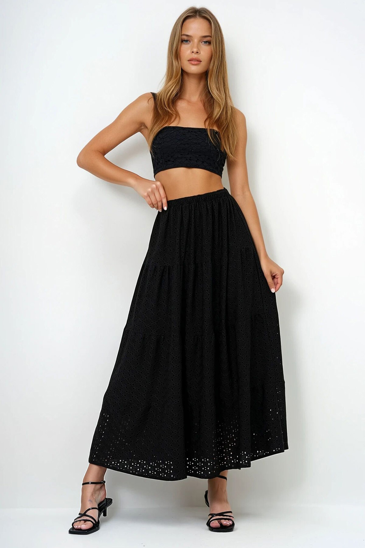 Siyah Katkat Volanlı Güpür Premium Etek