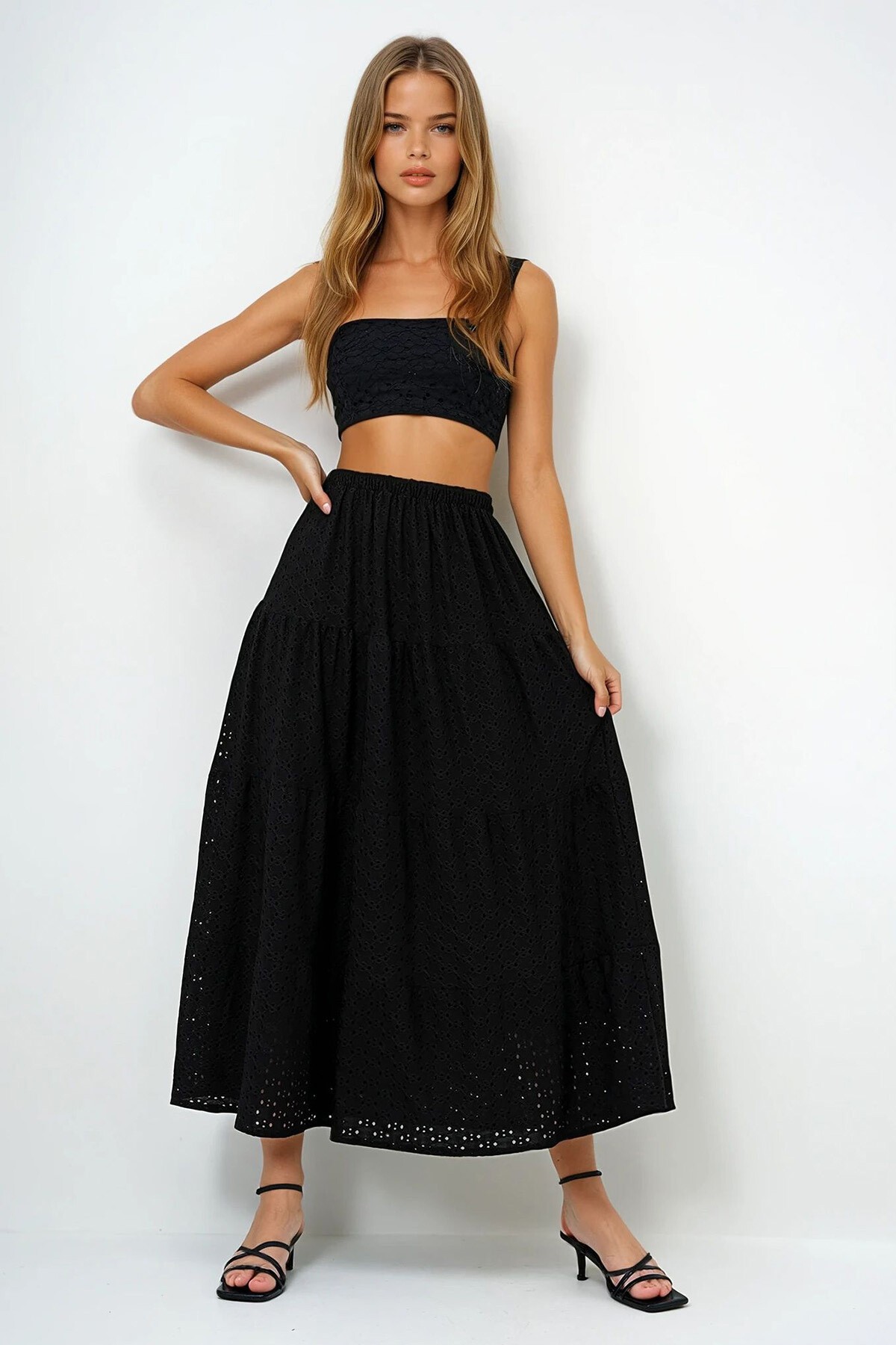 Siyah Katkat Volanlı Güpür Premium Etek