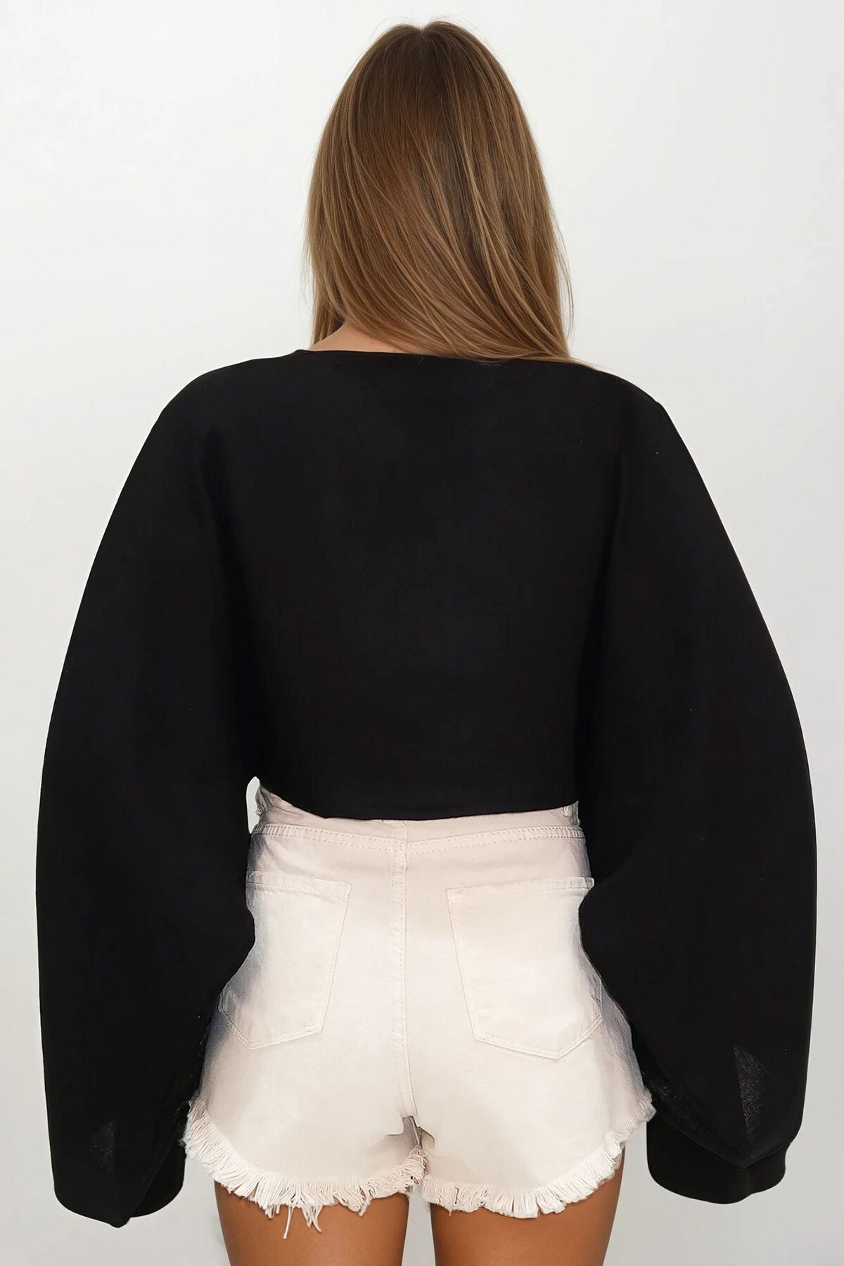 Siyah Kayık Yaka Yarsa Kollu Crop Müslin Bluz