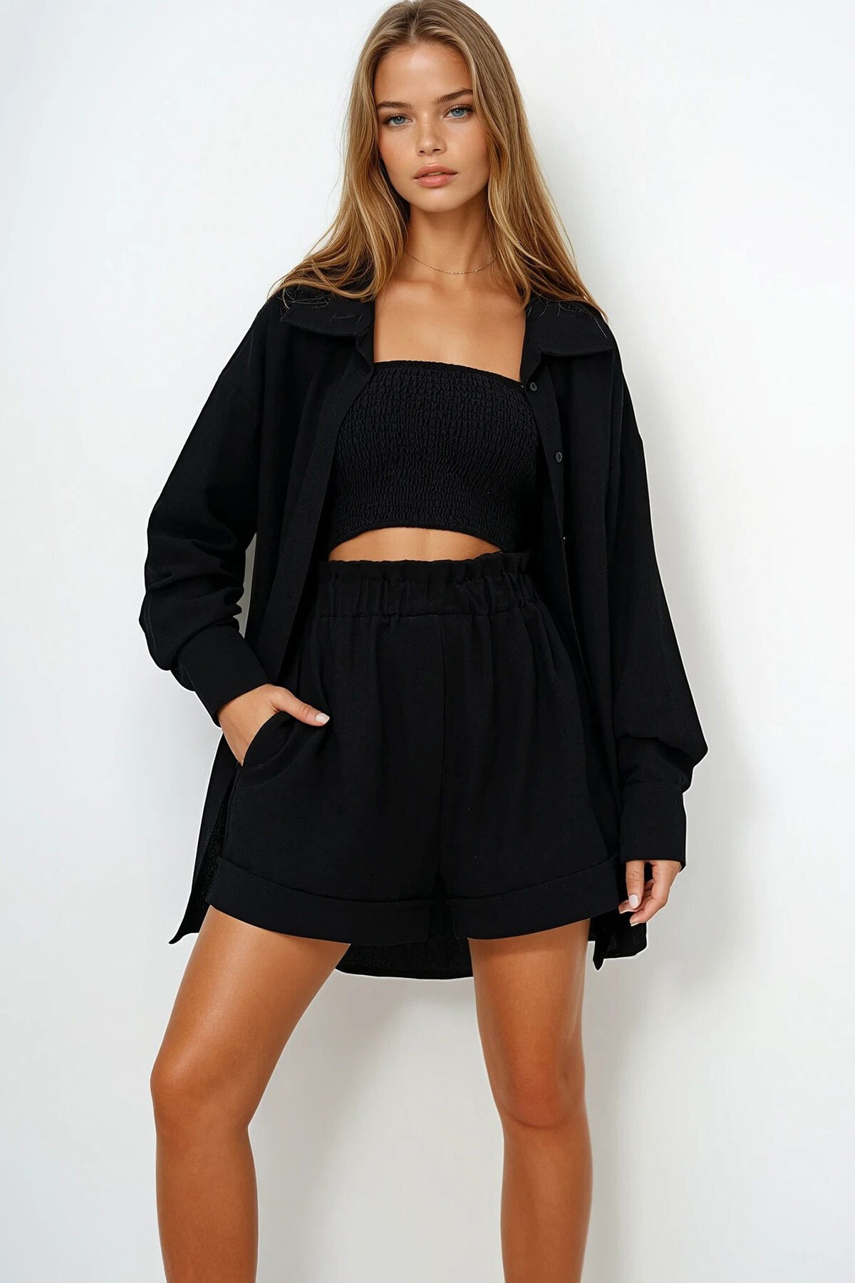 Siyah Keten Bustiyer Çift Cepli Şort Ve Gömlek Takım