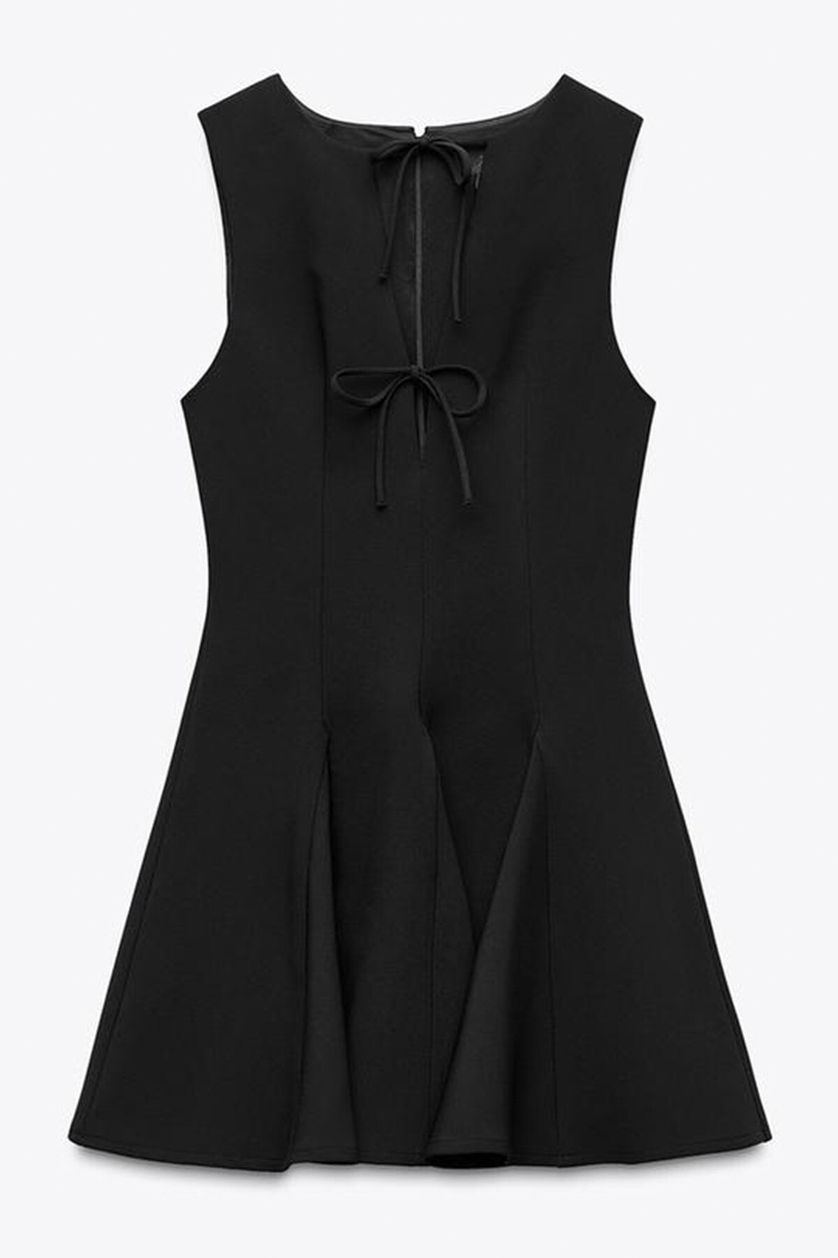 Siyah Kloş Etekli Bağlama Detaylı Kolsuz Fermuarlı Dokuma Elbise