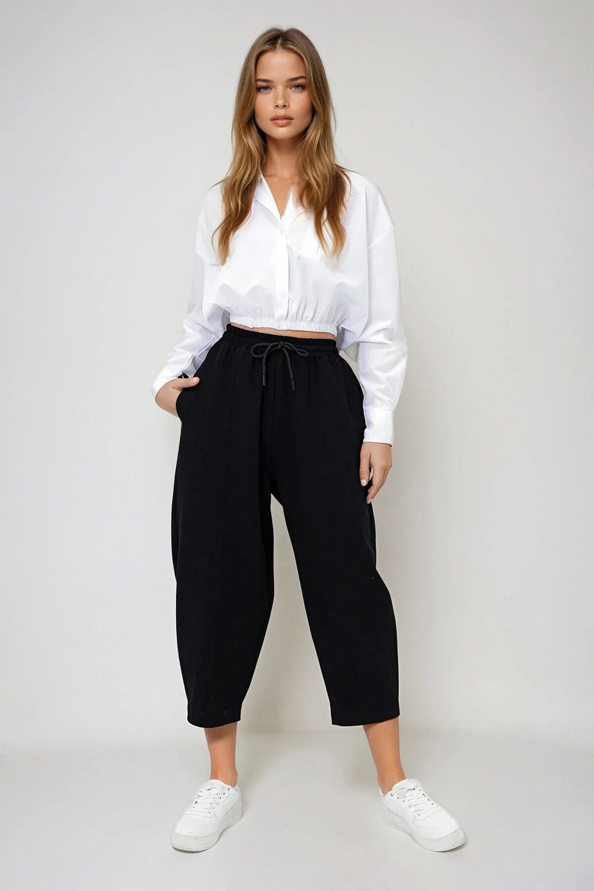 Siyah Önü Dikiş Detaylı 4 Cepli Şalvar Kesim Dokuma Keten Pantolon