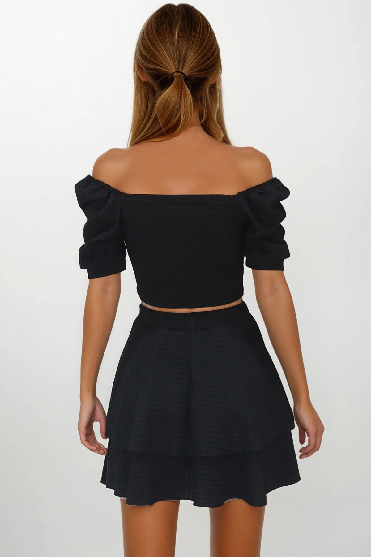 Siyah Prenses Kol Büzgülü Bluz Ve Eteği Volanlı Bürümcük Takım