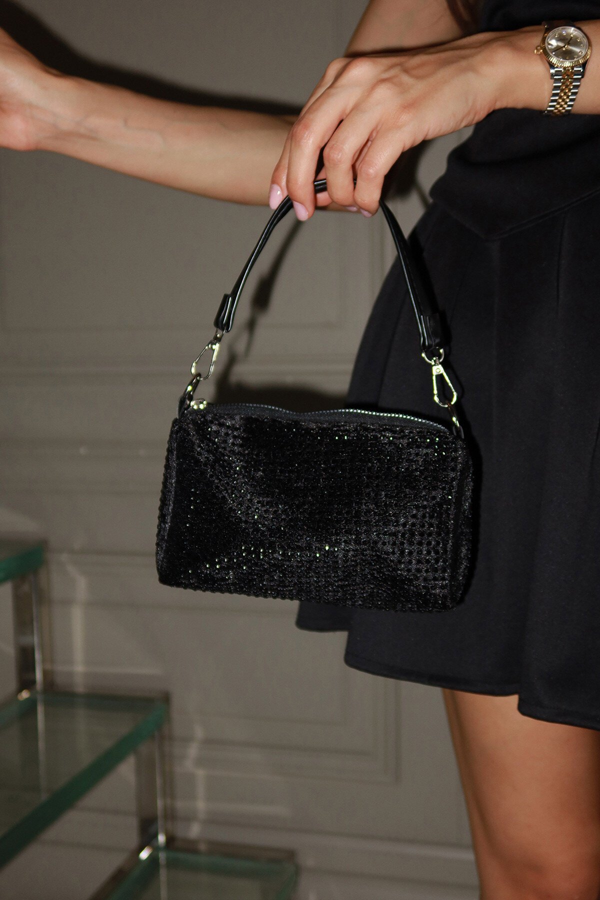 Siyah Taşlı Mini Baget El Ve Omuz Çantası