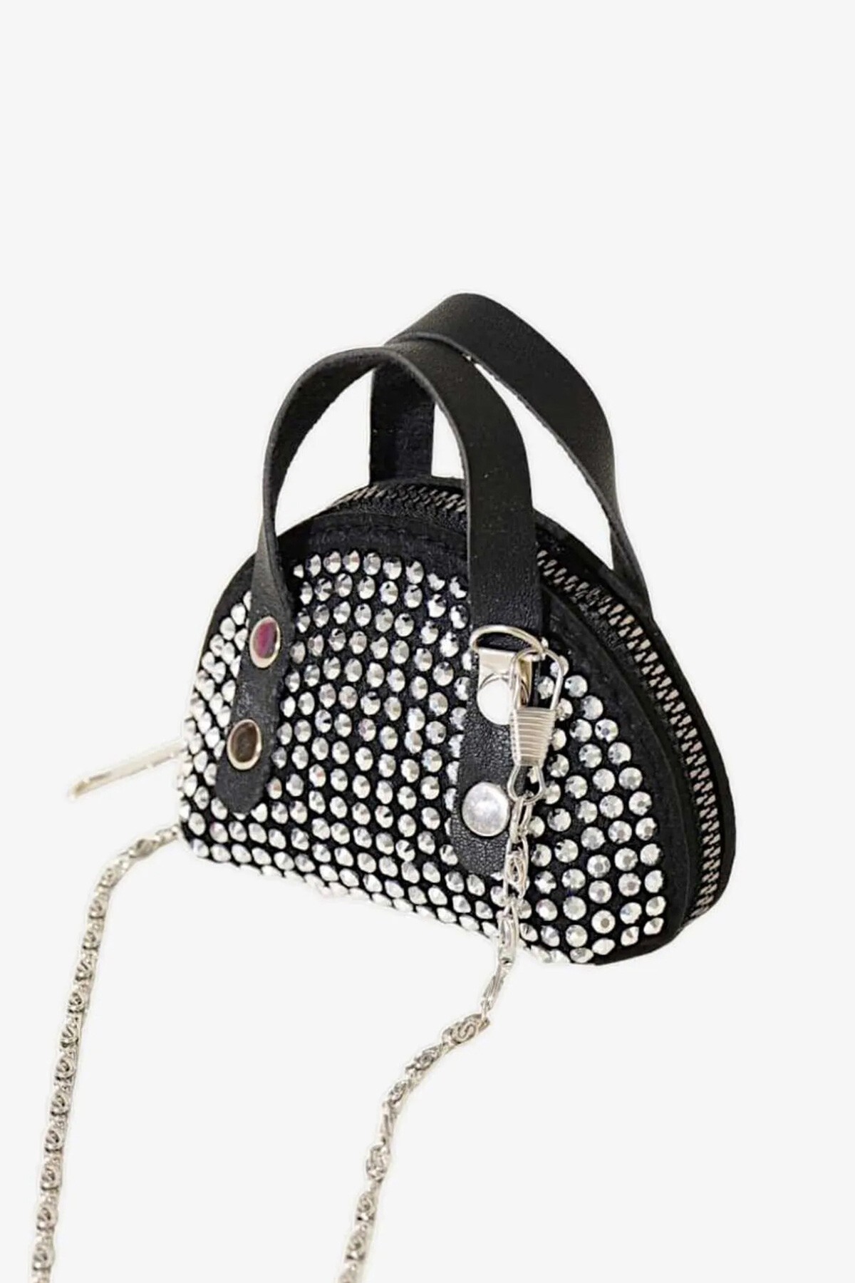 Siyah Zinicr Askılı Taş İşlemeli Mini Çanta