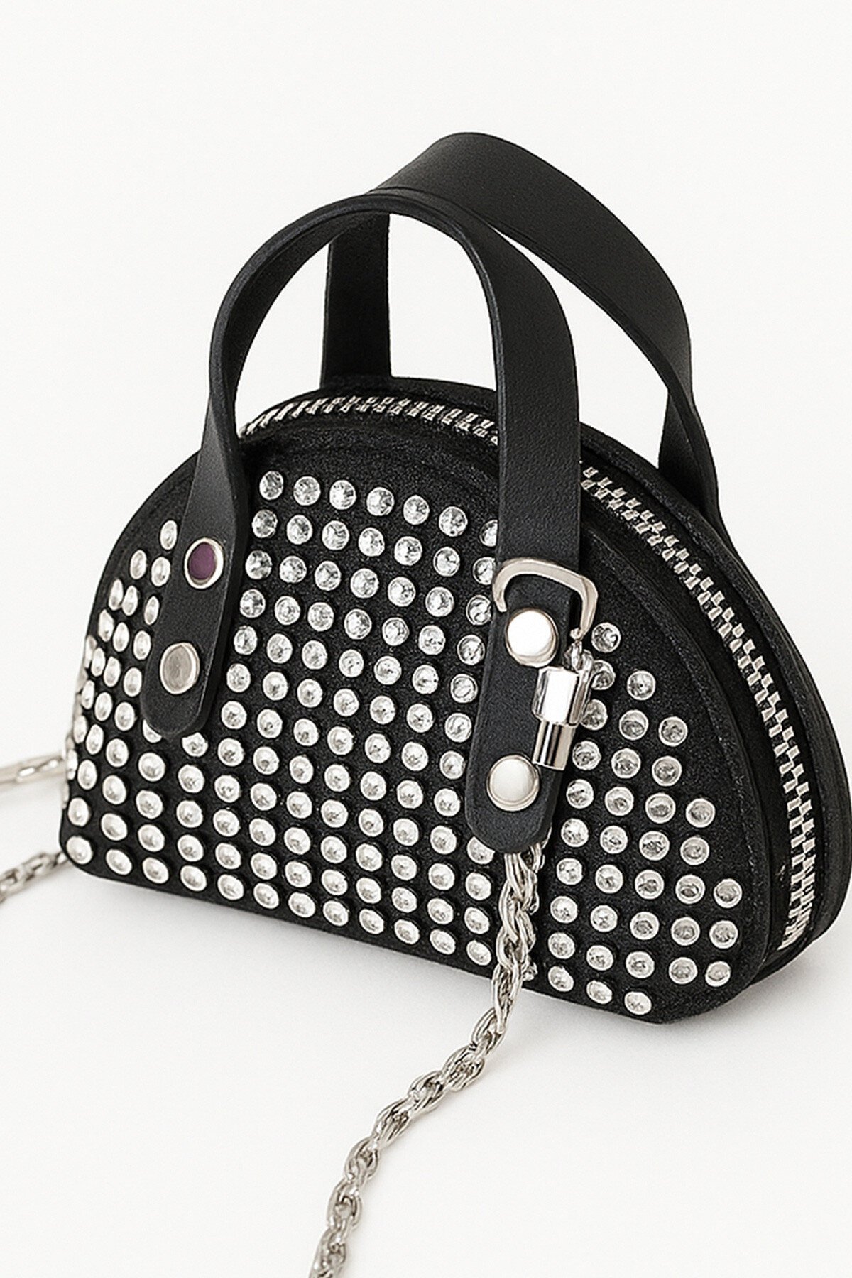 Siyah Zinicr Askılı Taş İşlemeli Mini Çanta