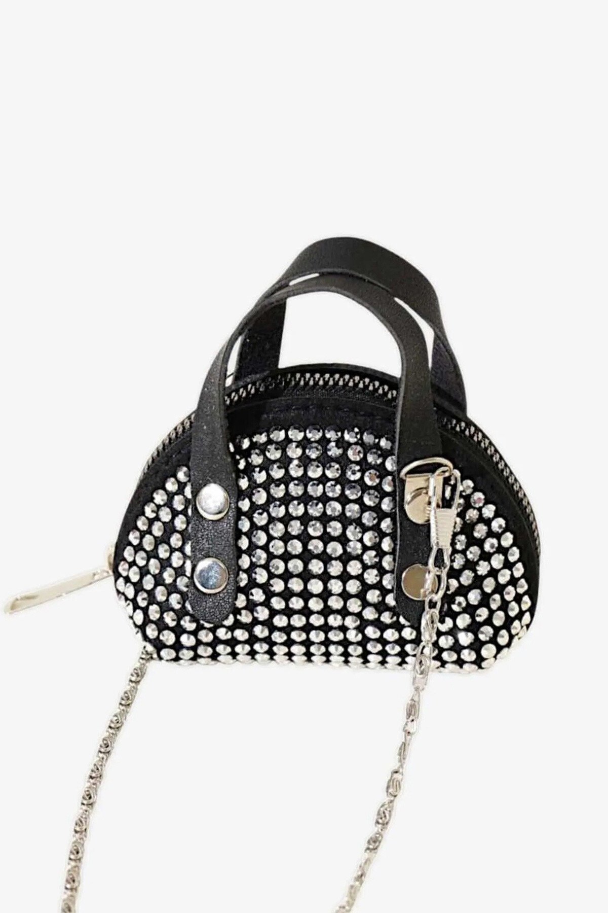 Siyah Zinicr Askılı Taş İşlemeli Mini Çanta