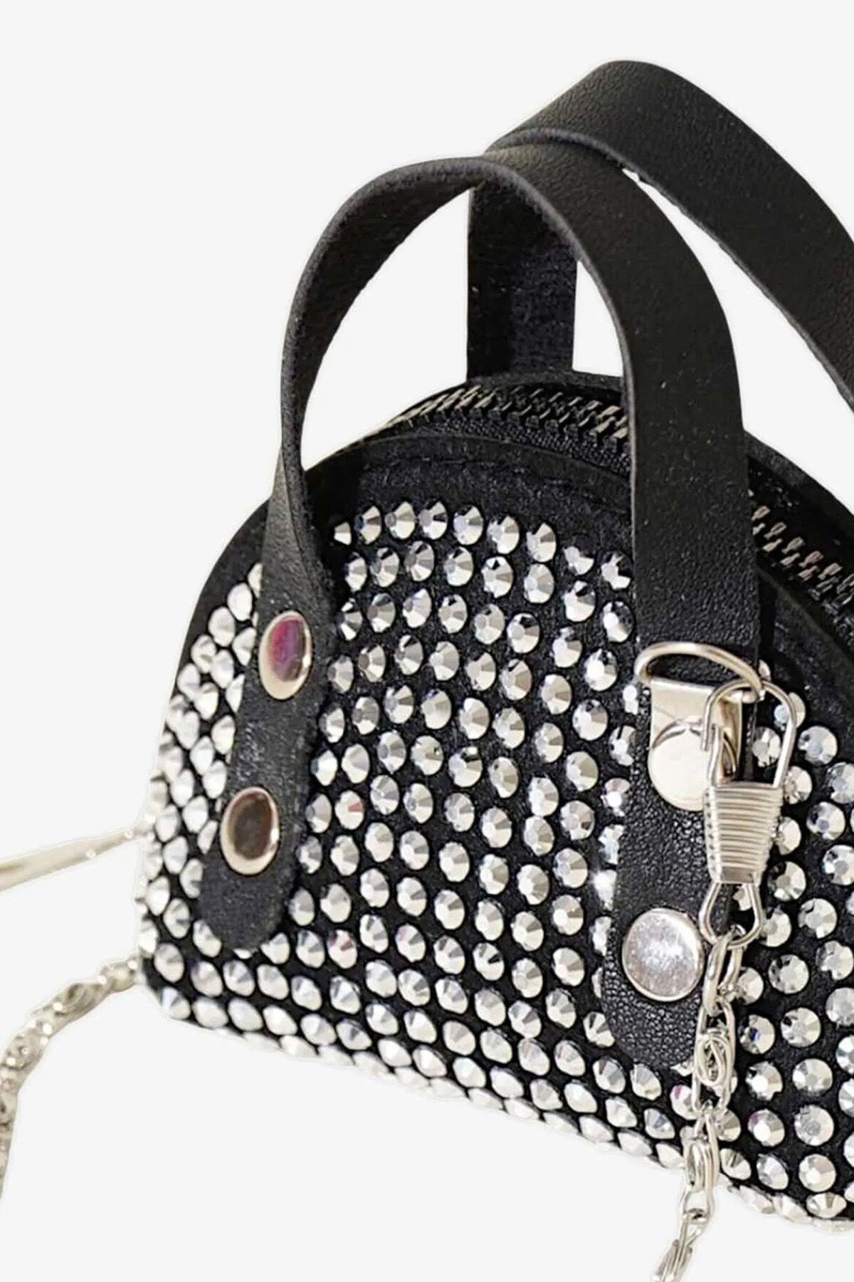 Siyah Zinicr Askılı Taş İşlemeli Mini Çanta