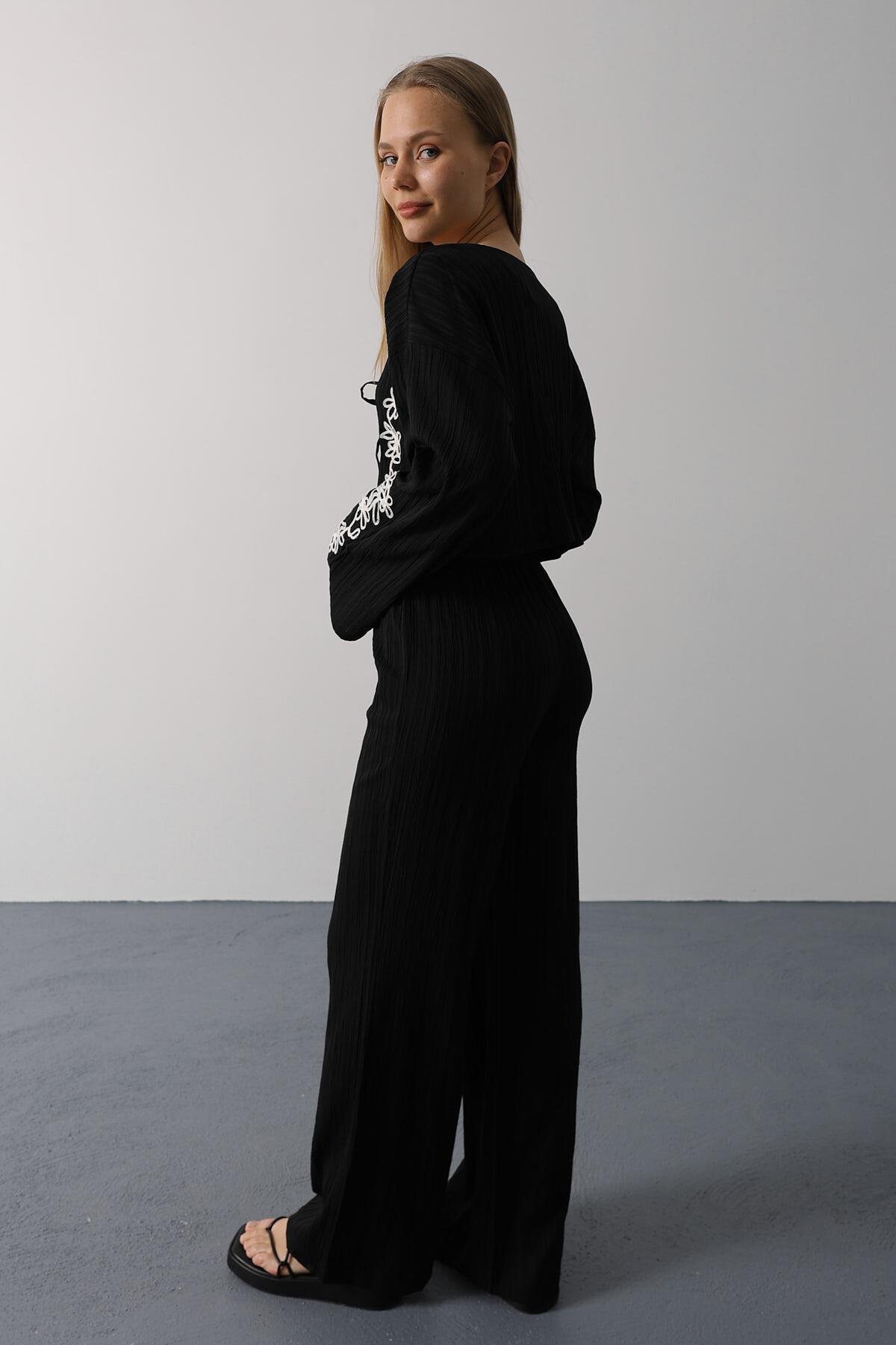 Siyah Müslin Kumaş Önü Bağlamalı Ceket Ve Pantolon