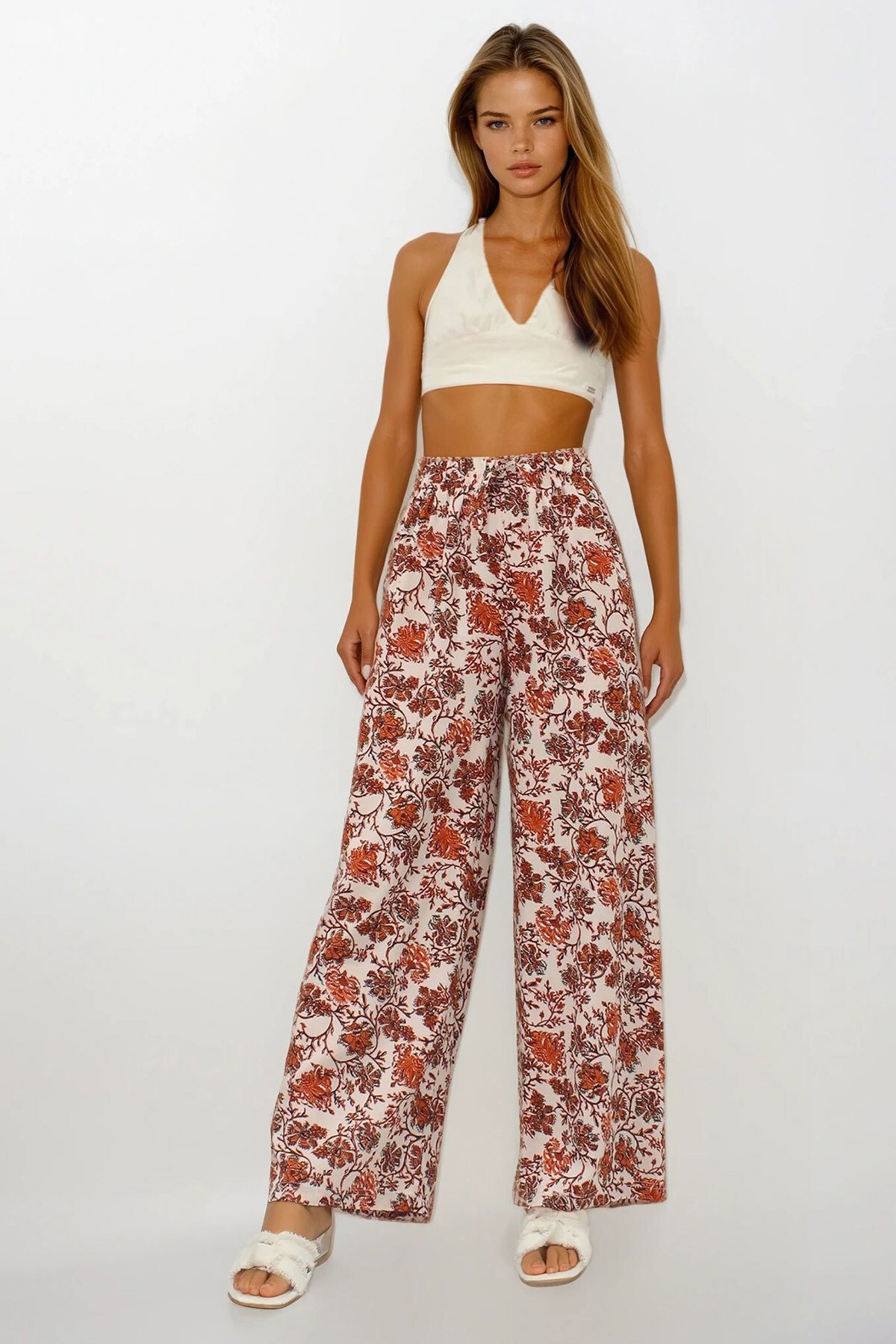 Tarçın Beli Lastikli Keten Palazzo Desenli Pantolon