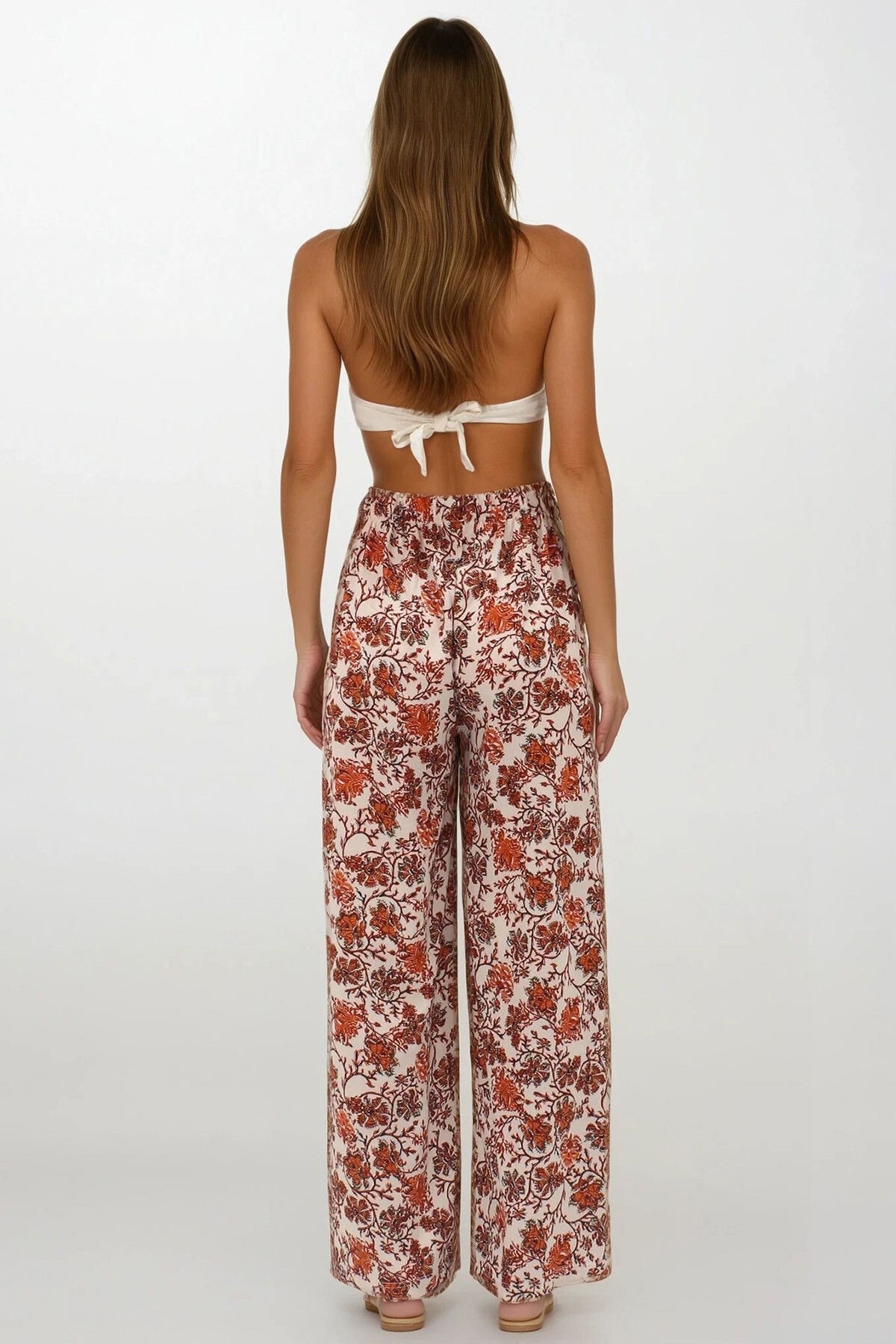 Tarçın Beli Lastikli Keten Palazzo Desenli Pantolon