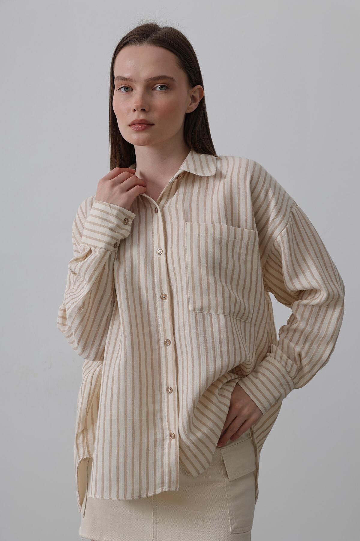 Taba Tek Cepli Çizgili Oversize Gömlek