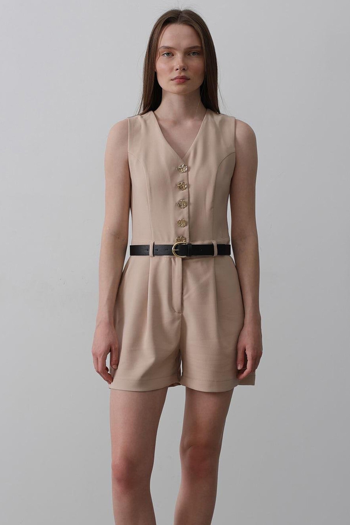 Taş V Yaka Düğmeli Kemer Detaylı Tulum