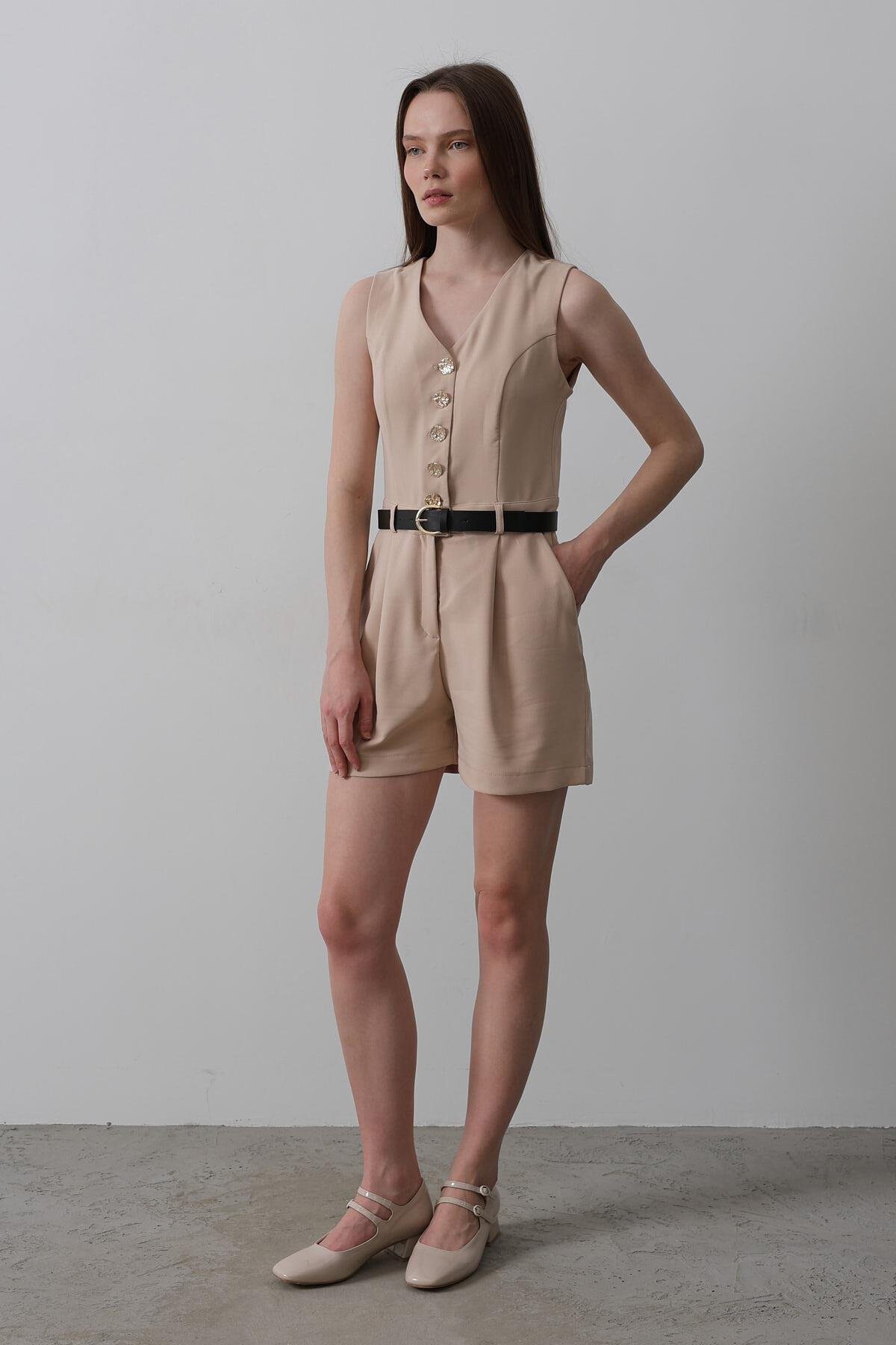 Taş V Yaka Düğmeli Kemer Detaylı Tulum