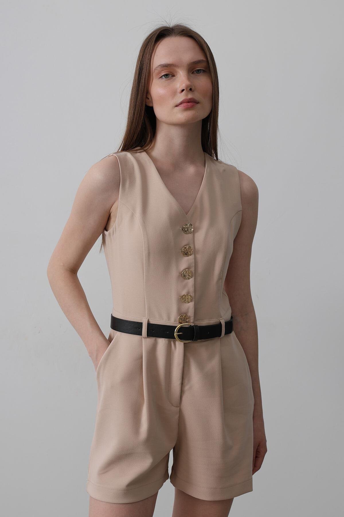 Taş V Yaka Düğmeli Kemer Detaylı Tulum