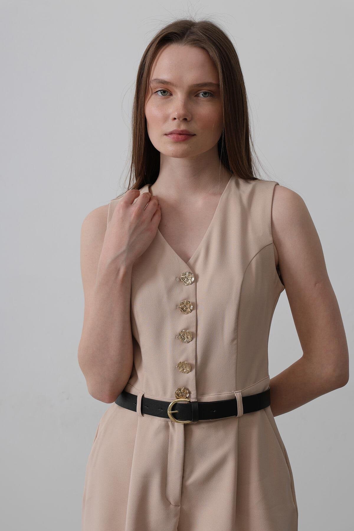 Taş V Yaka Düğmeli Kemer Detaylı Tulum