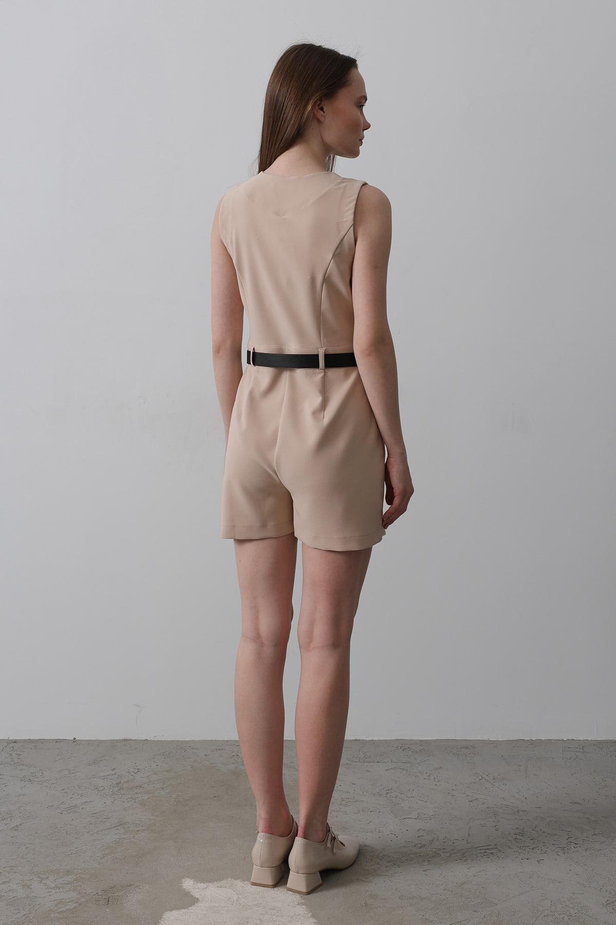 Taş V Yaka Düğmeli Kemer Detaylı Tulum