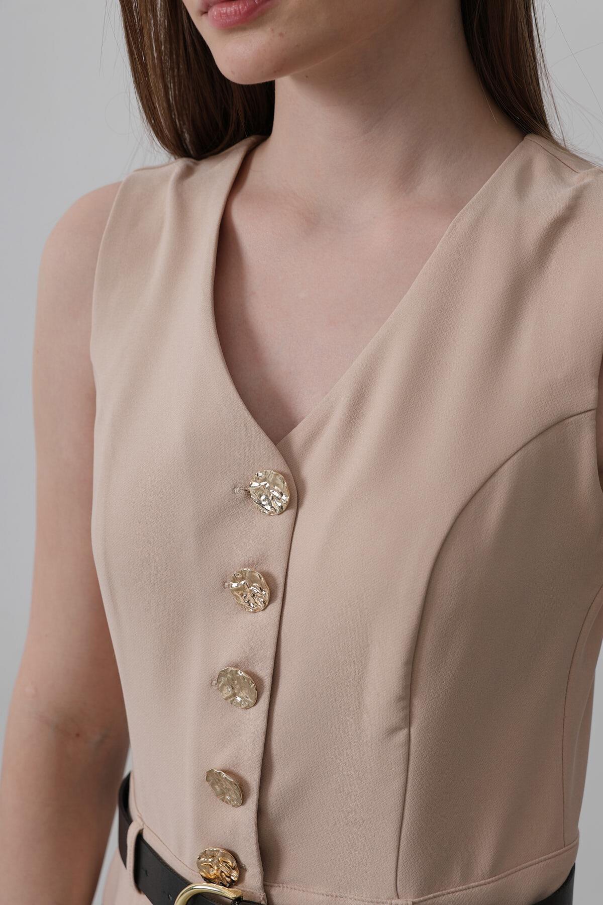 Taş V Yaka Düğmeli Kemer Detaylı Tulum