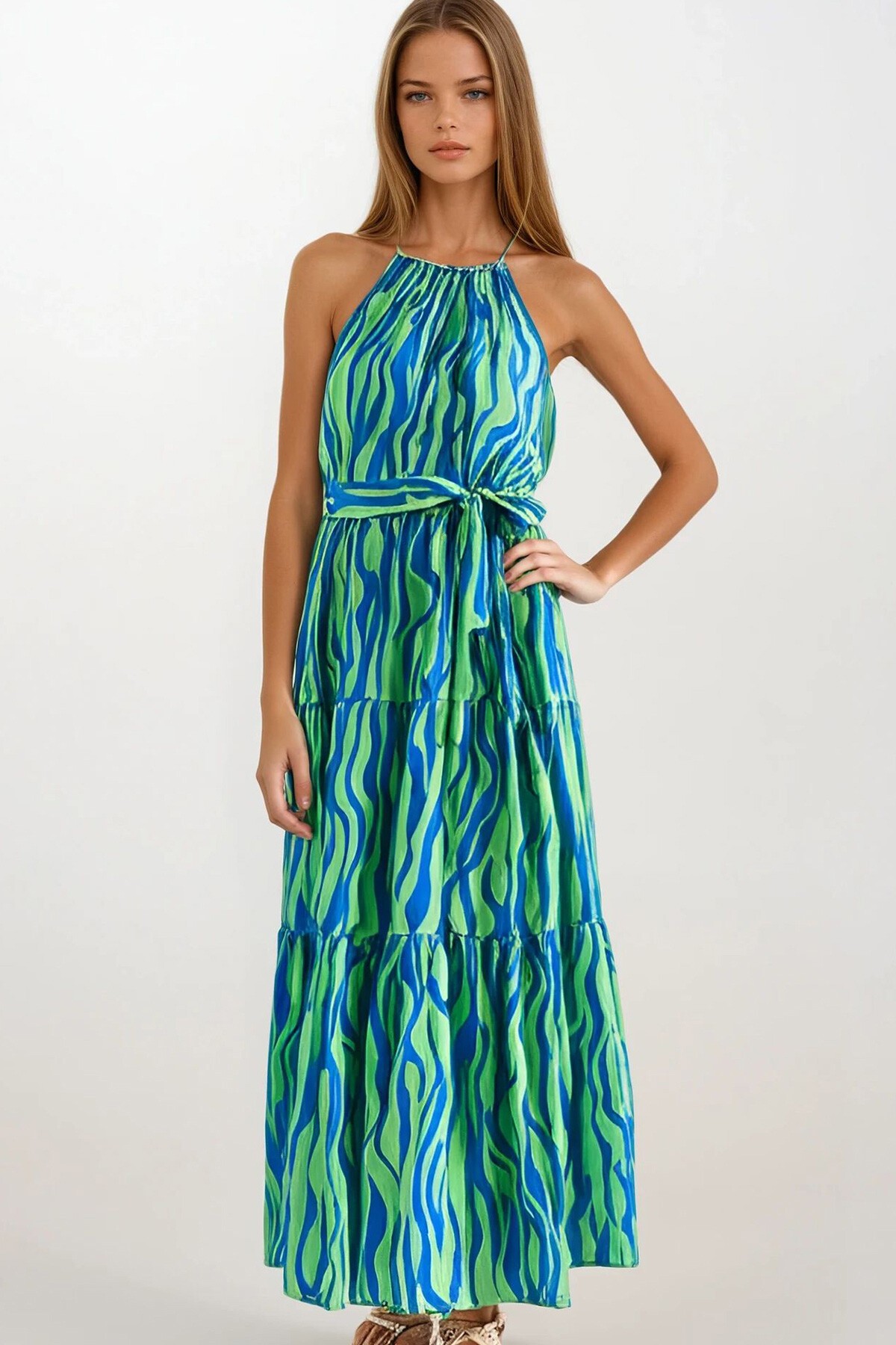 Turkuaz İp Askılı Bağlama Detaylı Midi Boy Elbise