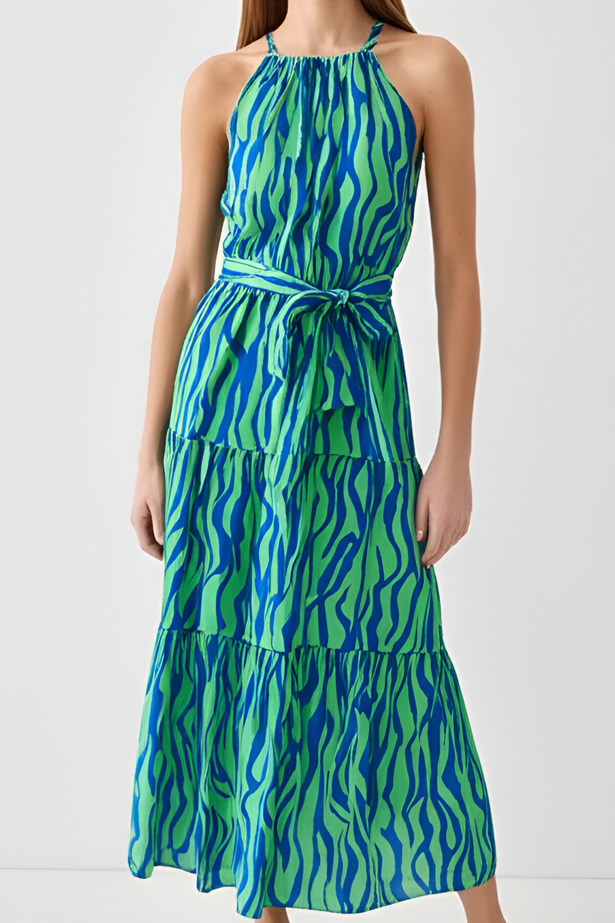 Turkuaz İp Askılı Bağlama Detaylı Midi Boy Elbise