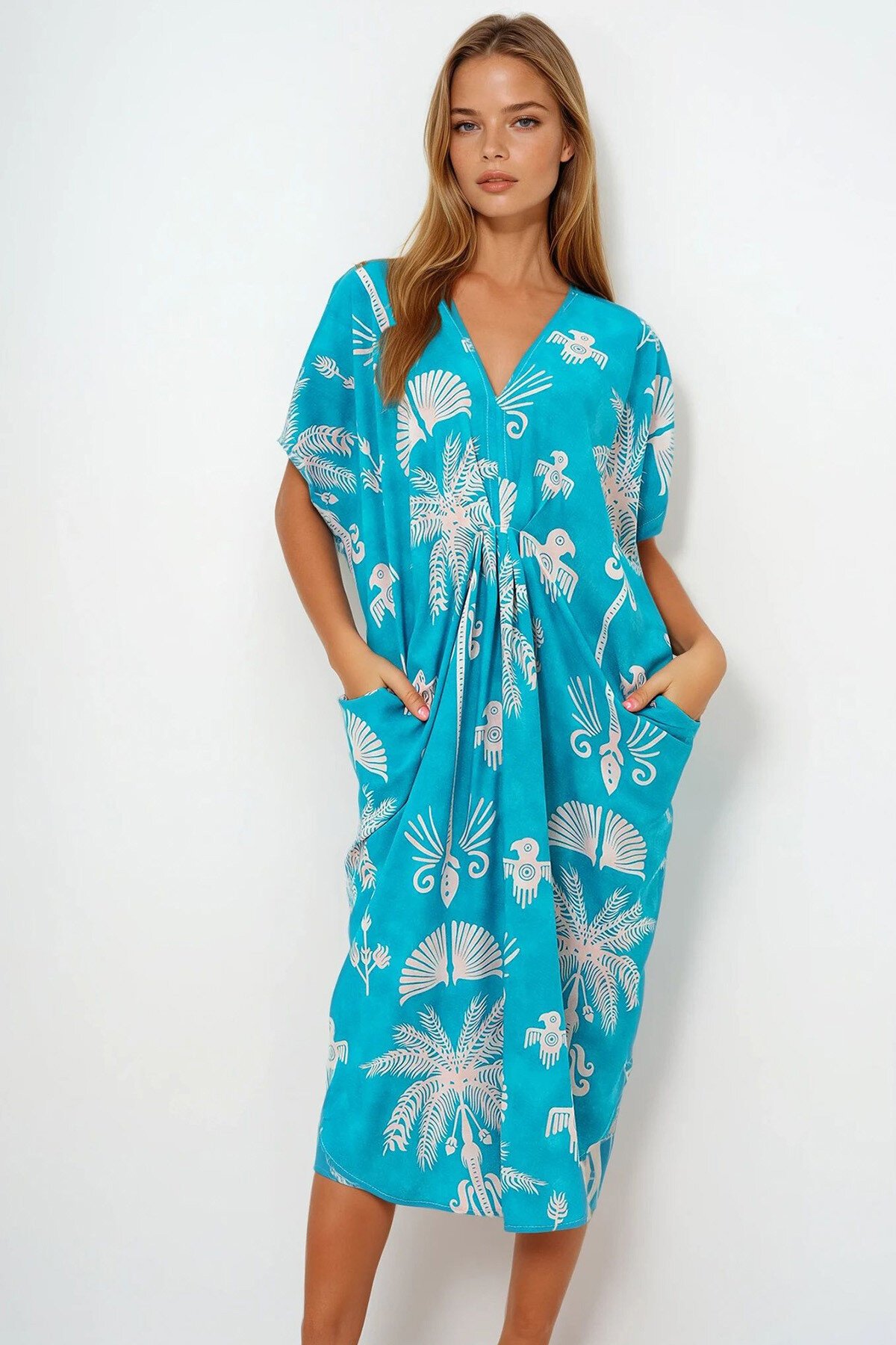 Turkuaz Mavi V Yaka Desenli Yazlık Maxi Boy Dokuma Elbise