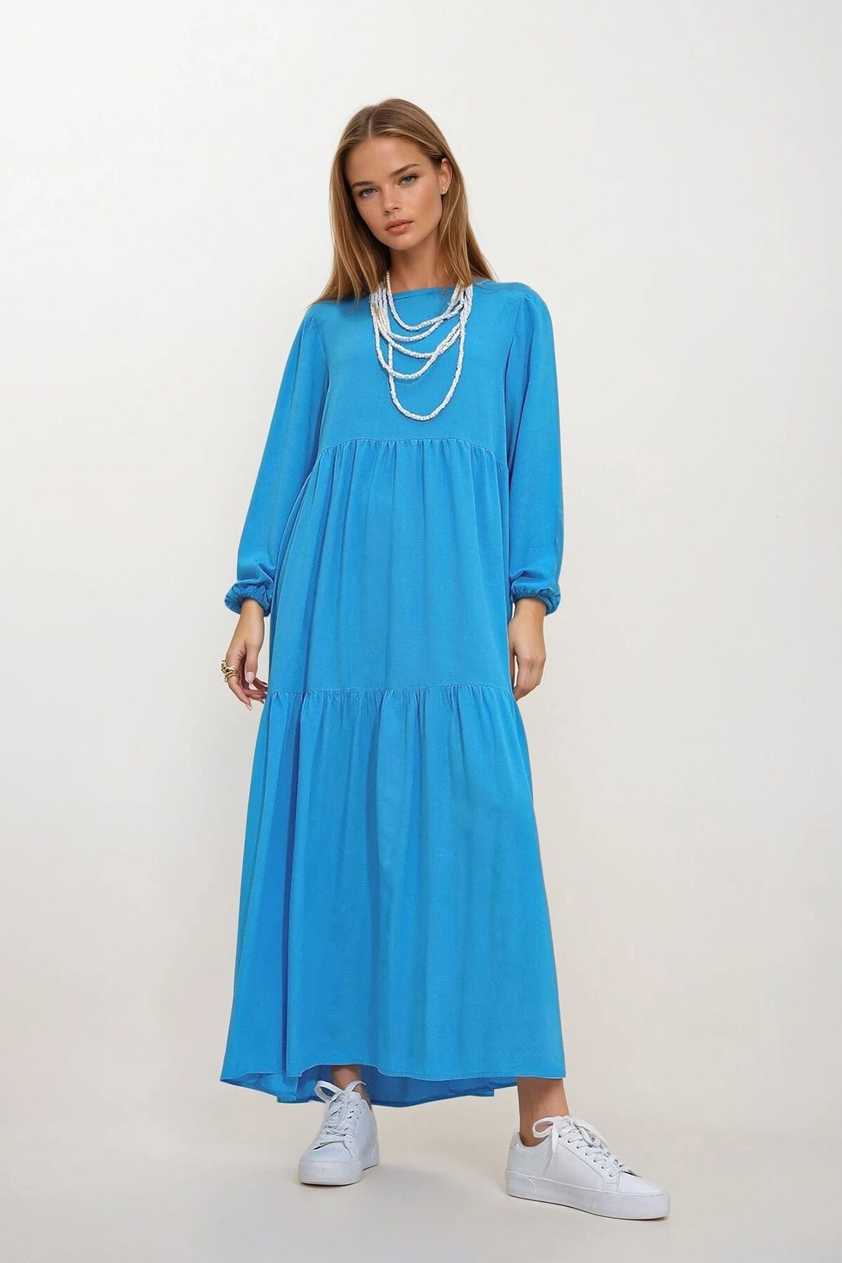 Turkuaz Mavisi Kayık Yaka Balon Kol Kat Kat Volanlı Beli Kuşaklı Dokuma Viskon Elbise