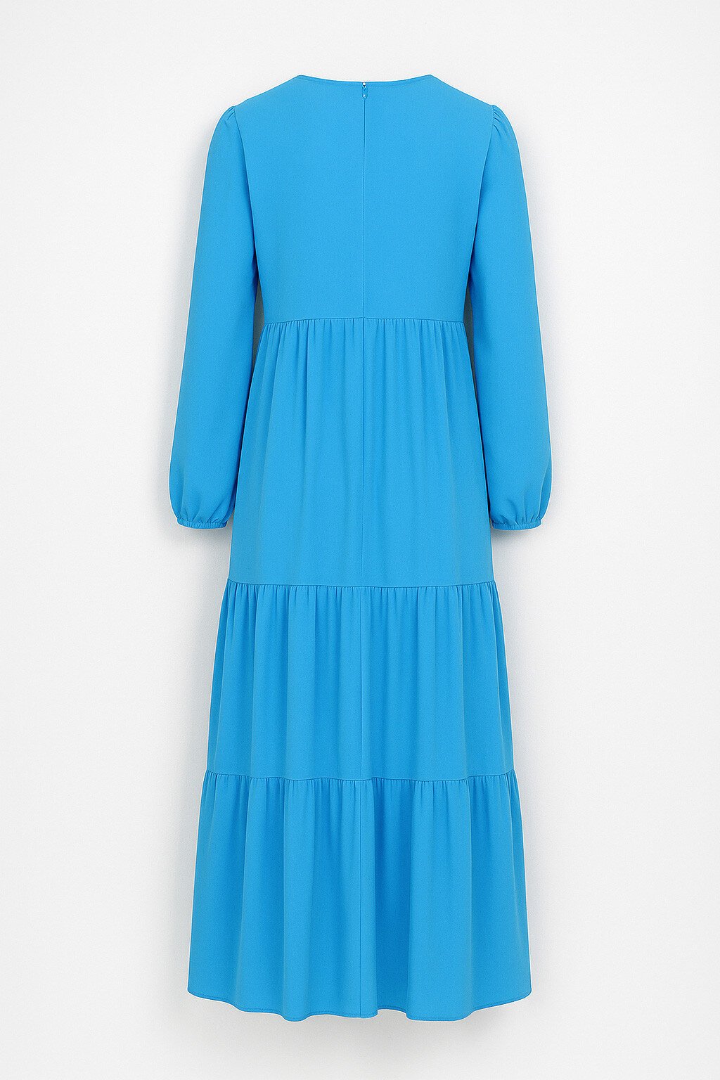 Turkuaz Mavisi Kayık Yaka Balon Kol Kat Kat Volanlı Beli Kuşaklı Dokuma Viskon Elbise