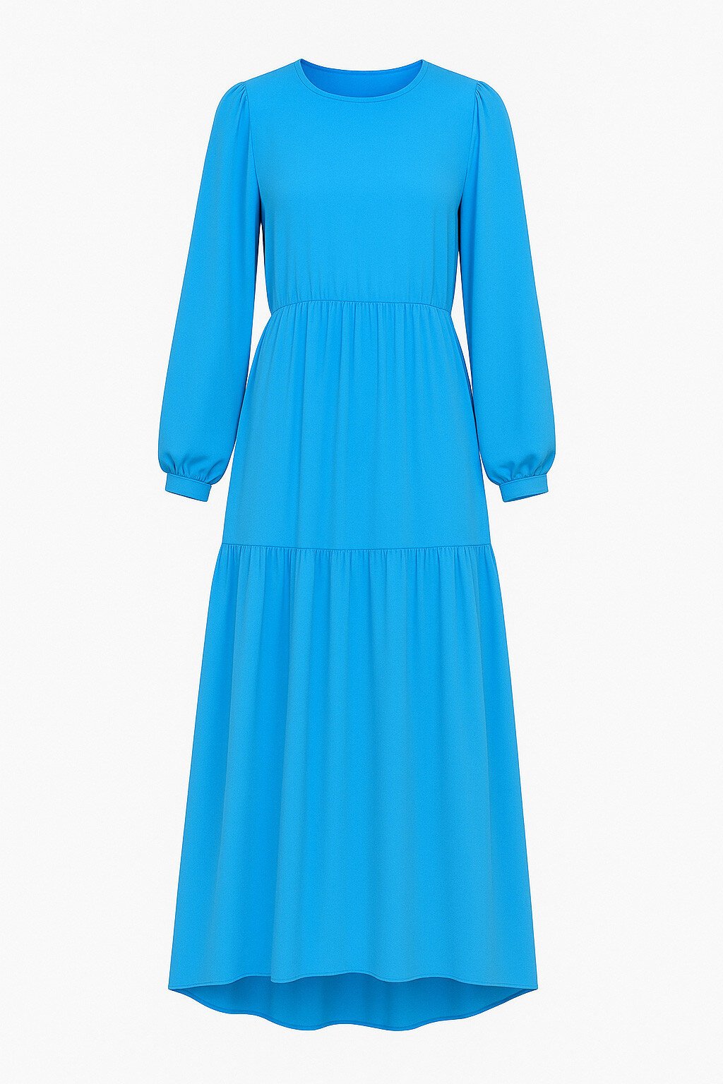 Turkuaz Mavisi Kayık Yaka Balon Kol Kat Kat Volanlı Beli Kuşaklı Dokuma Viskon Elbise