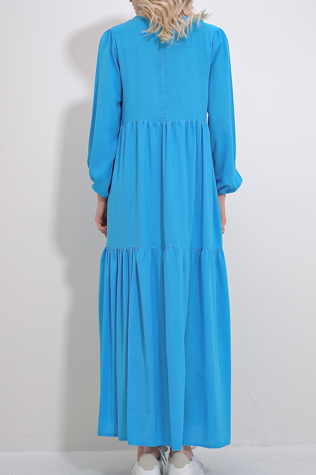 Turkuaz Mavisi Kayık Yaka Balon Kol Kat Kat Volanlı Beli Kuşaklı Dokuma Viskon Elbise