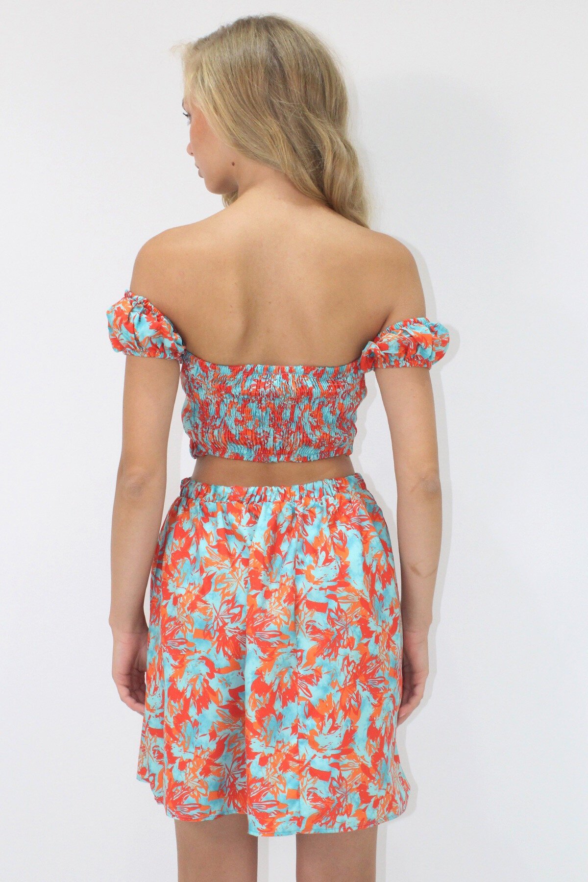 Turkuaz-Turuncu Öpücük Yaka Out-Cut Kesimli Desenli Poplin Elbise