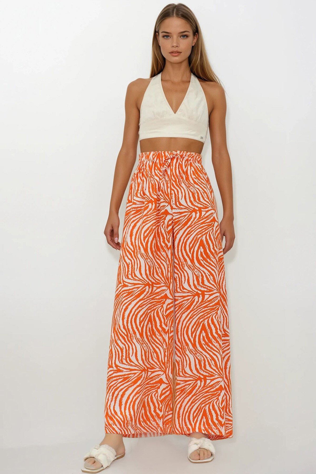 Turuncu Beli Lastikli Keten Palazzo Desenli Pantolon