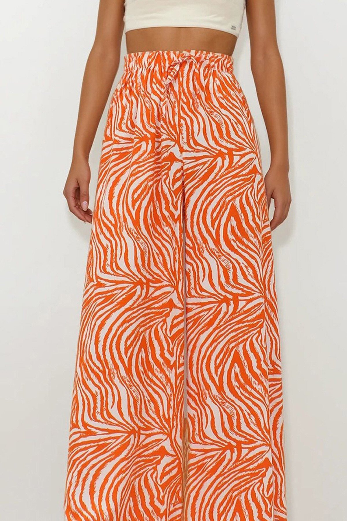 Turuncu Beli Lastikli Keten Palazzo Desenli Pantolon