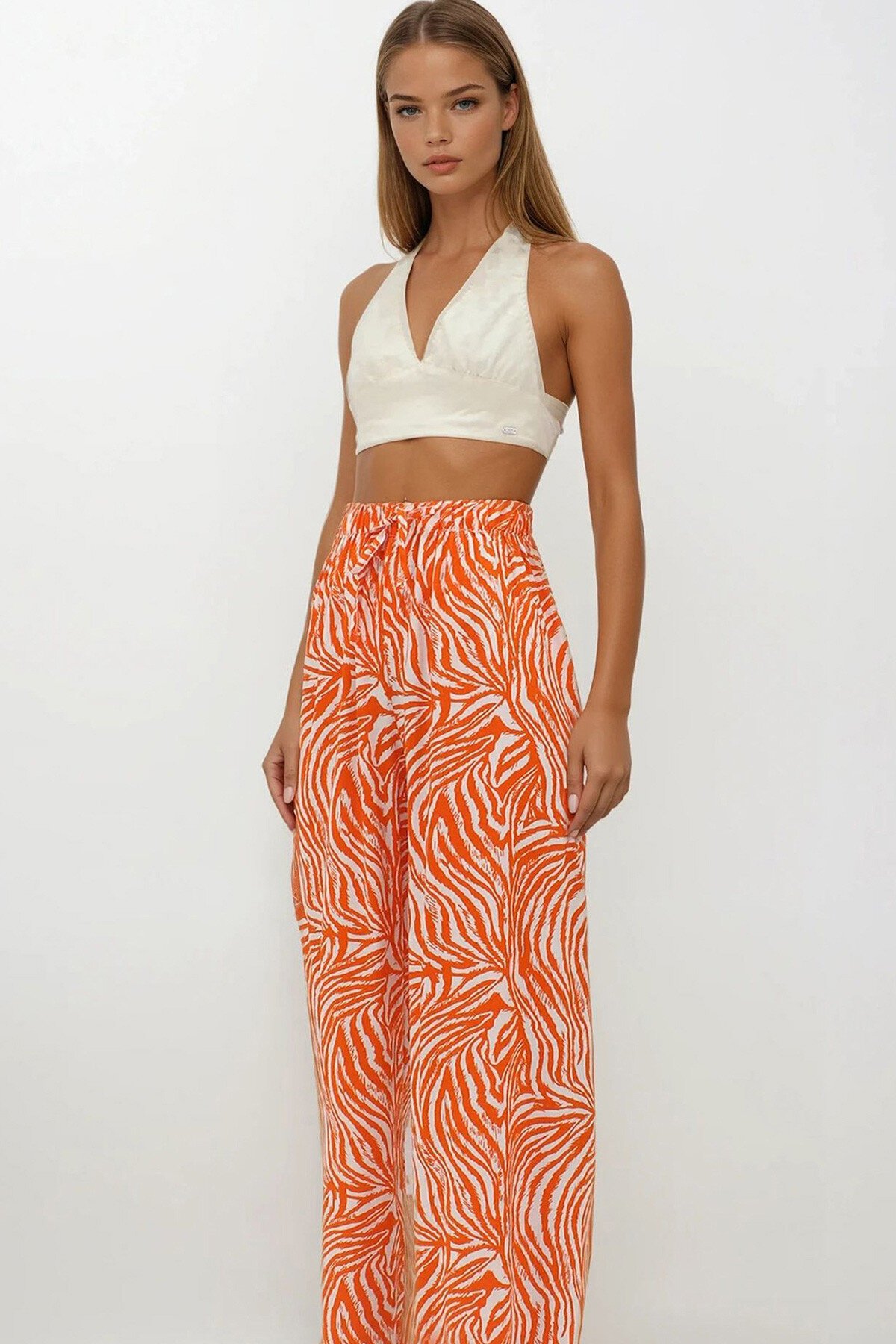 Turuncu Beli Lastikli Keten Palazzo Desenli Pantolon