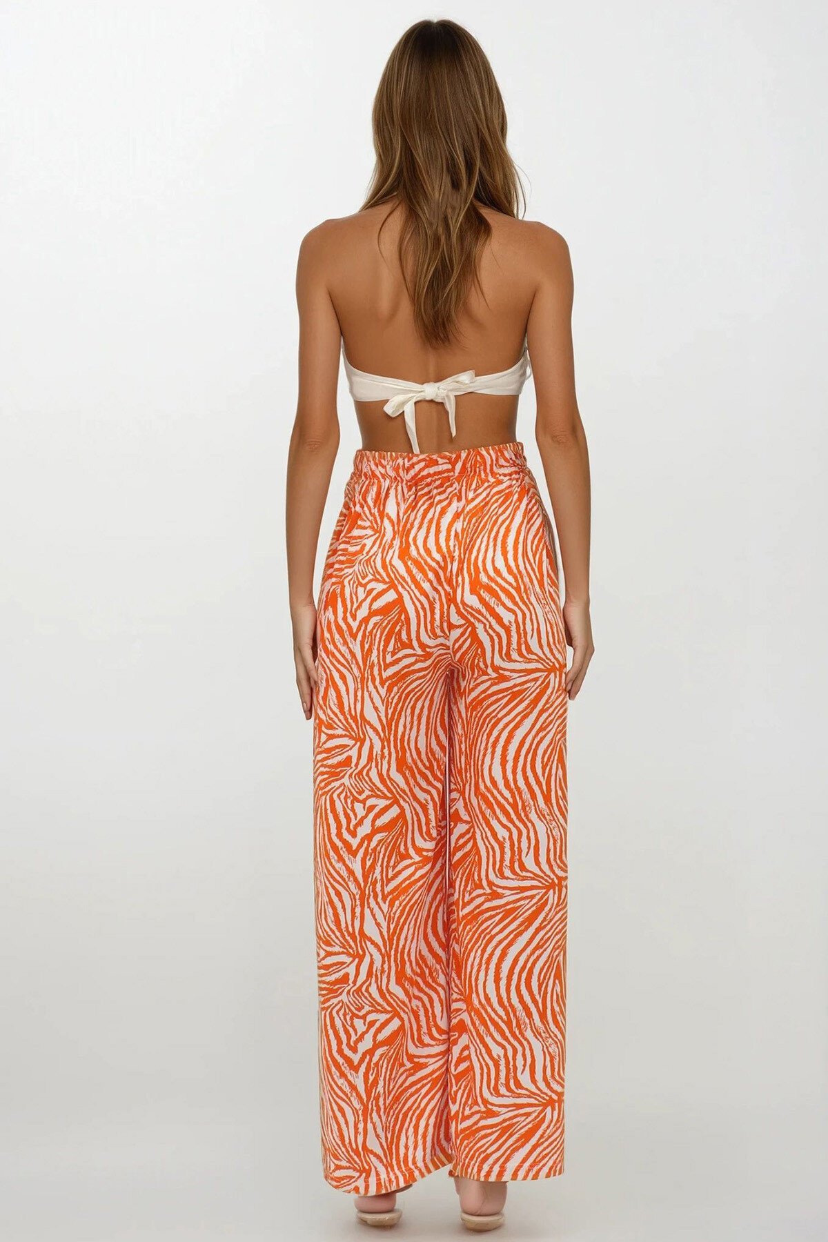 Turuncu Beli Lastikli Keten Palazzo Desenli Pantolon