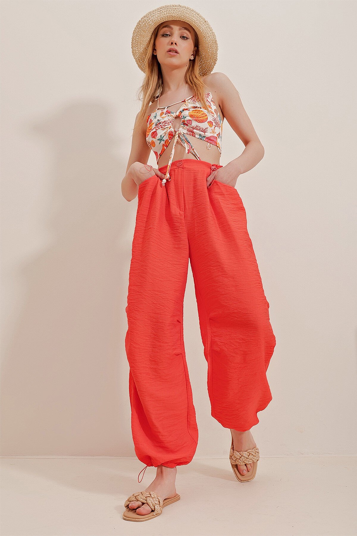 Turuncu Çift Cepli Aerobin Keten Pantolon