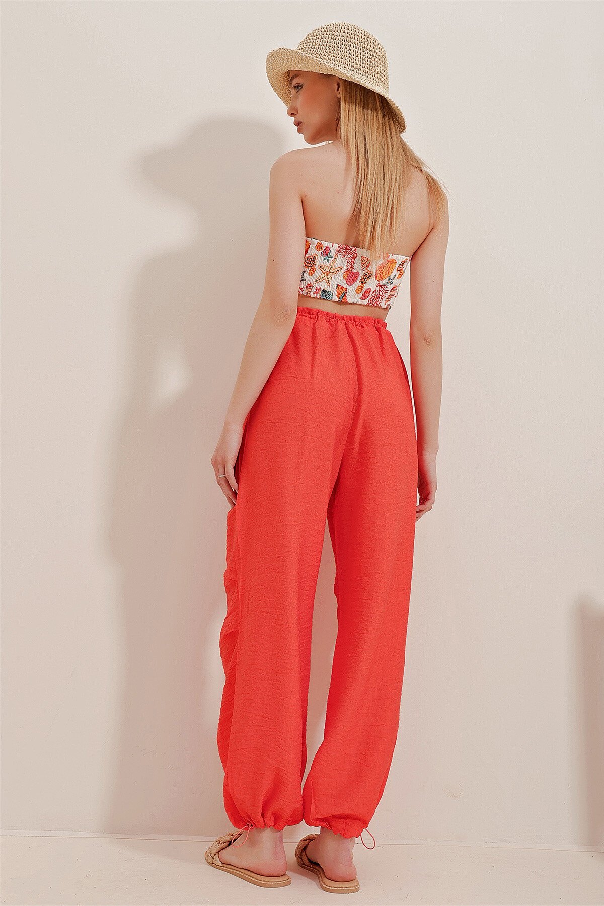 Turuncu Çift Cepli Aerobin Keten Pantolon