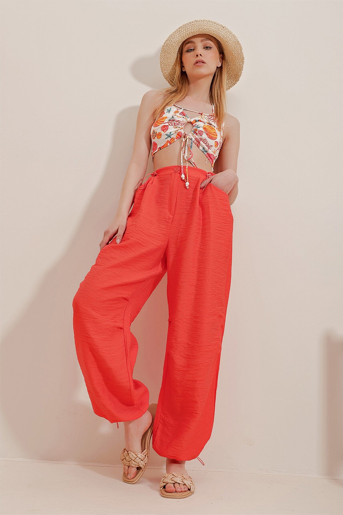 Turuncu Çift Cepli Aerobin Keten Pantolon