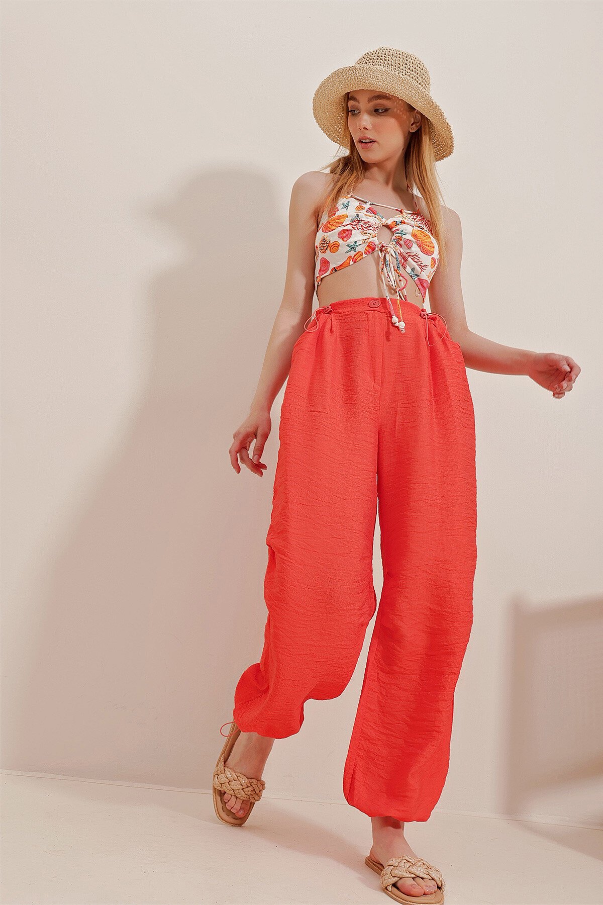 Turuncu Çift Cepli Aerobin Keten Pantolon