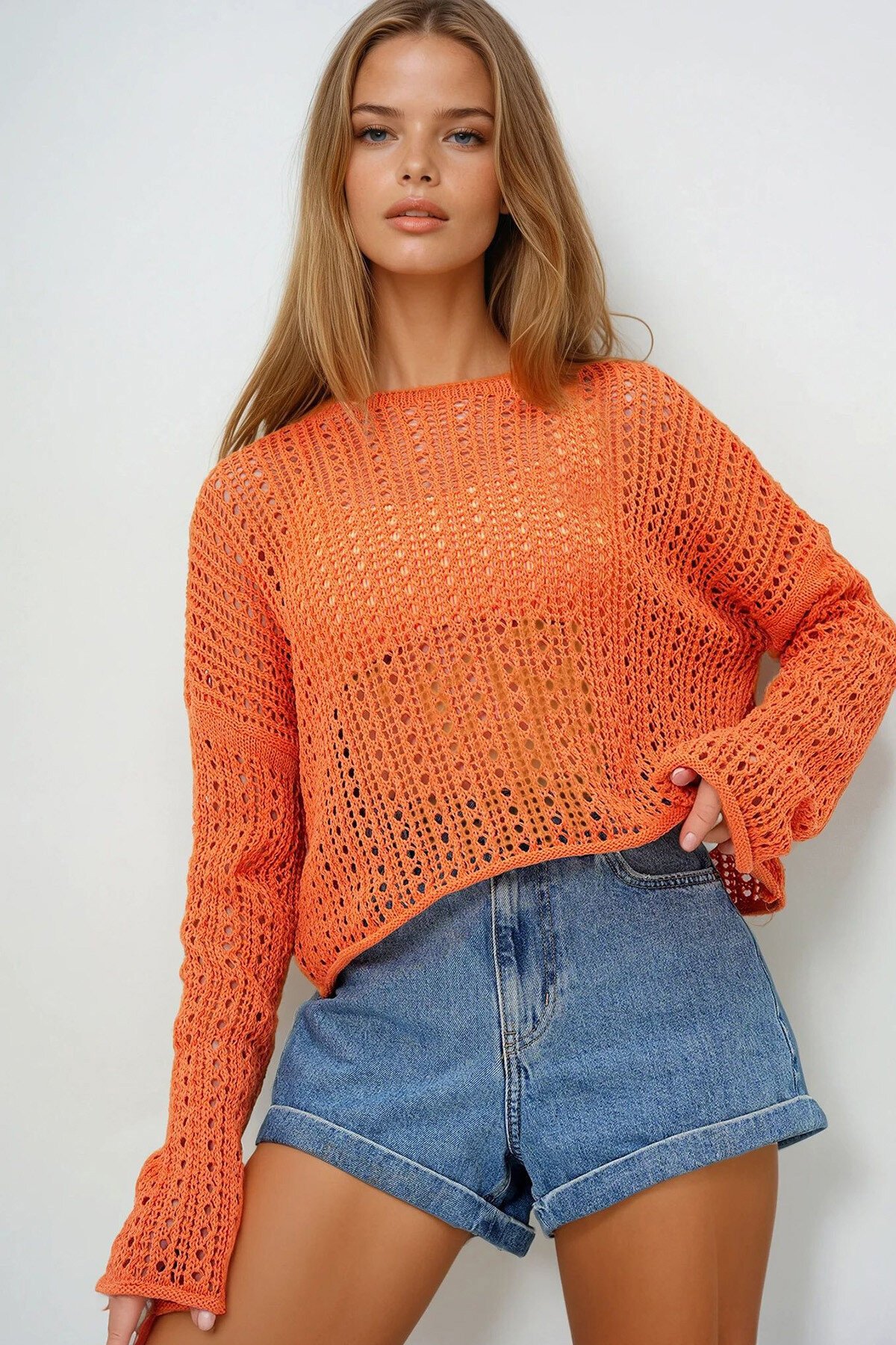 Turuncu Kayık Yaka Delik Ajurlu Triko Yazlık Bluz