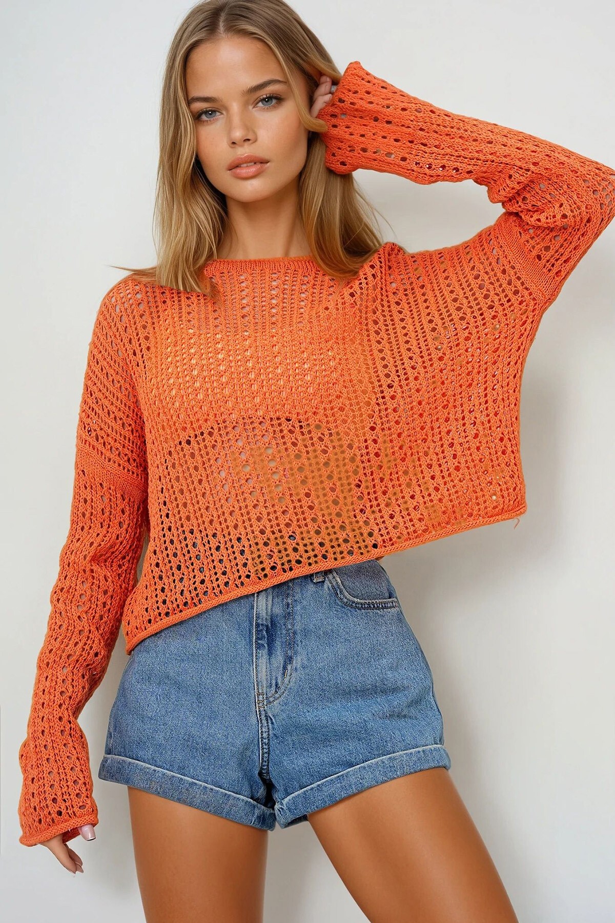 Turuncu Kayık Yaka Delik Ajurlu Triko Yazlık Bluz