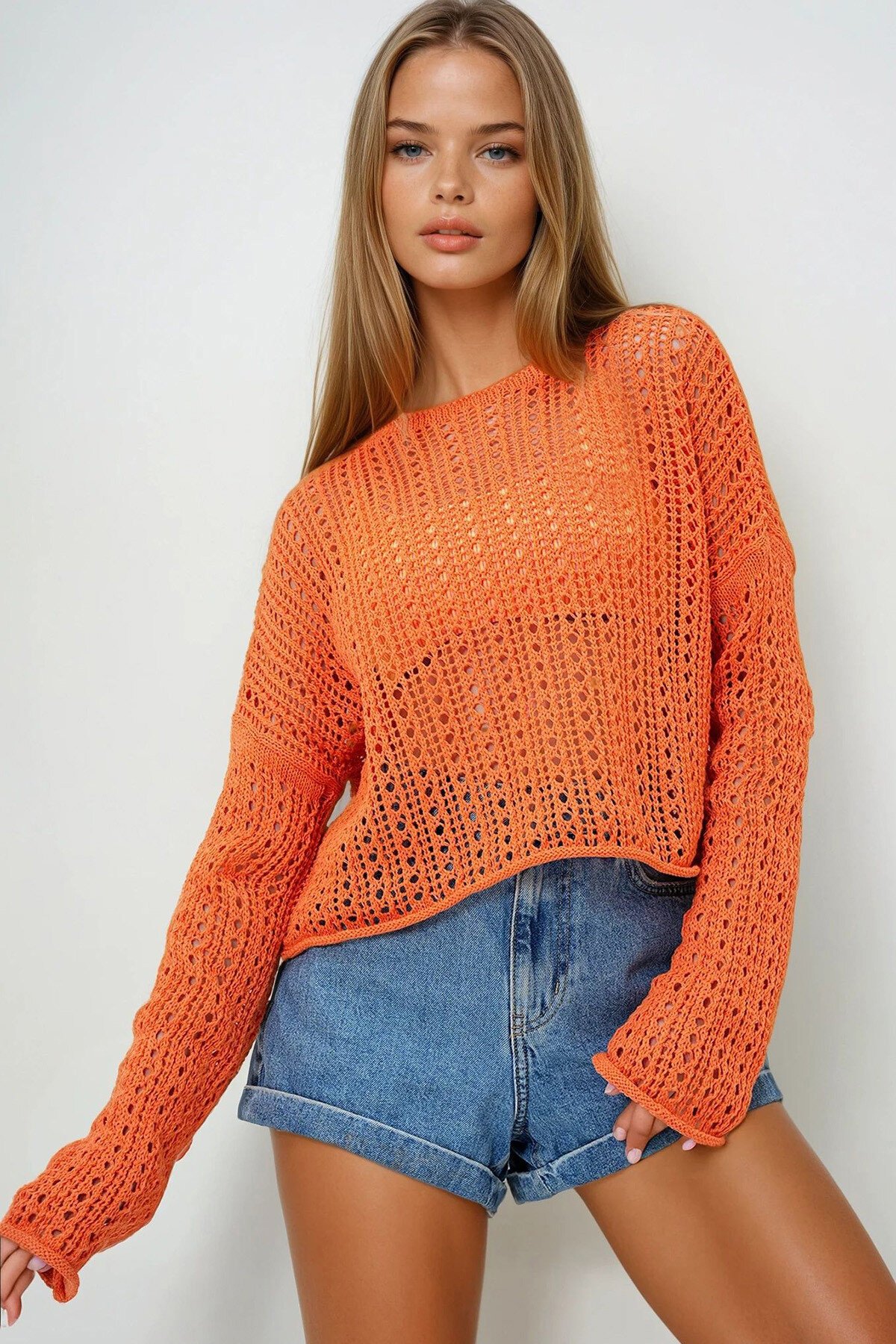 Turuncu Kayık Yaka Delik Ajurlu Triko Yazlık Bluz