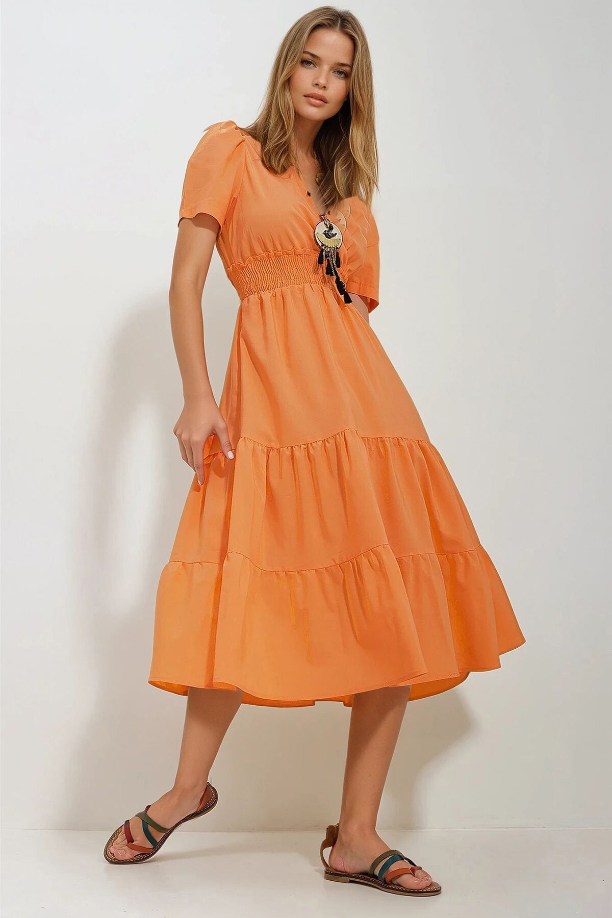 Turuncu Kruvaze Beli Gipeli Valonlu Dokuma Poplin Elbise