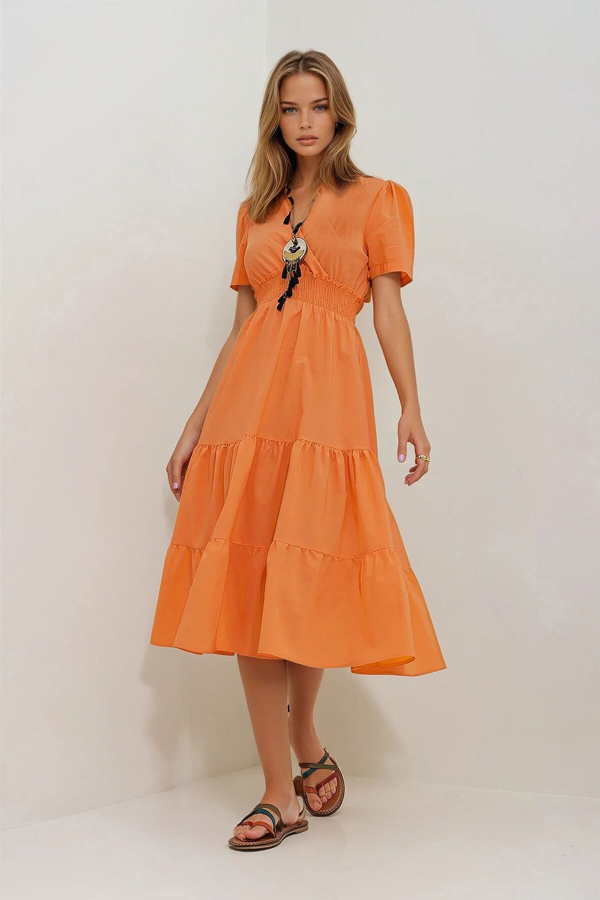 Turuncu Kruvaze Beli Gipeli Valonlu Dokuma Poplin Elbise