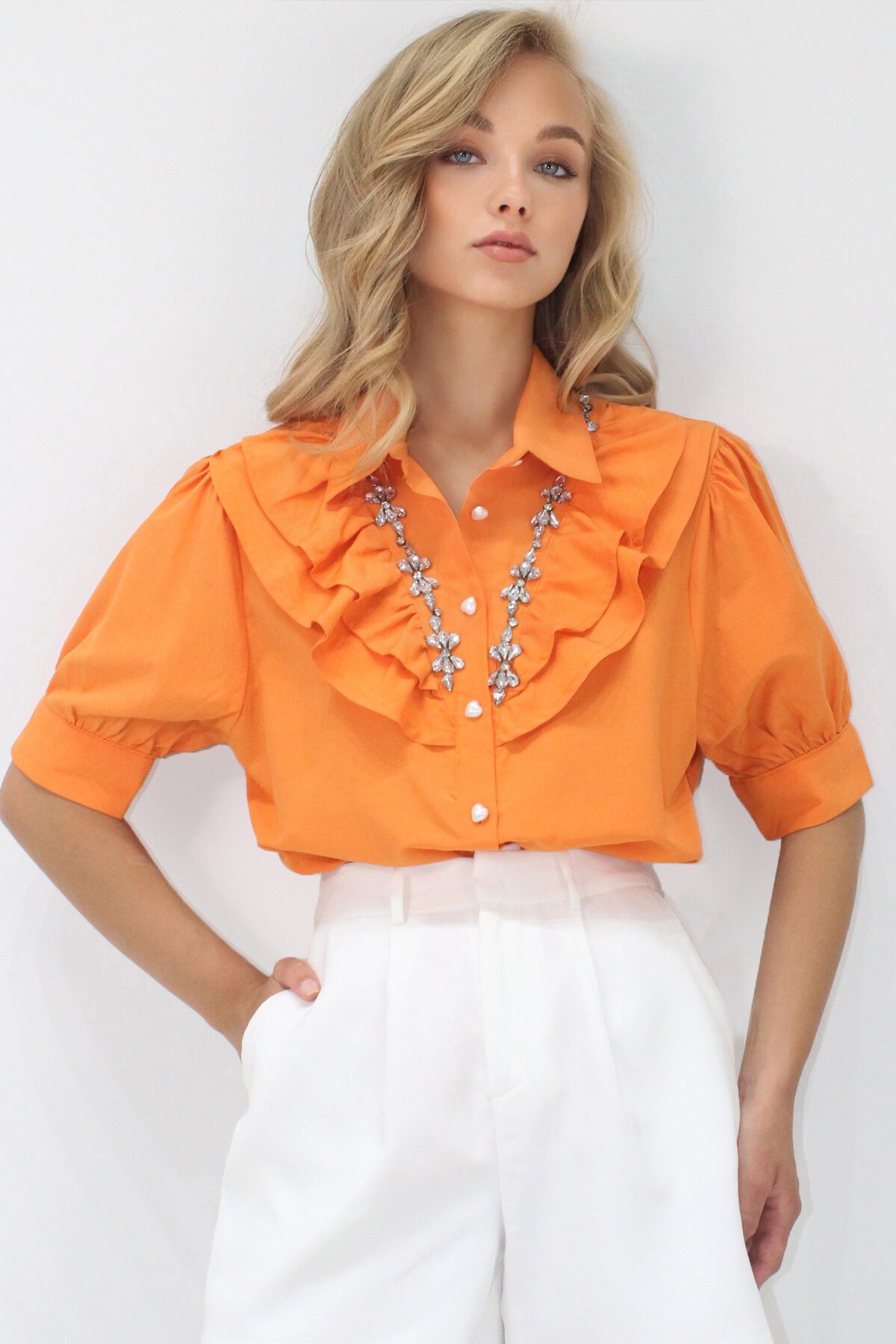 Turuncu Robası Fırfırlı Taş İşlemeli Karpuz Kol Poplin Gömlek
