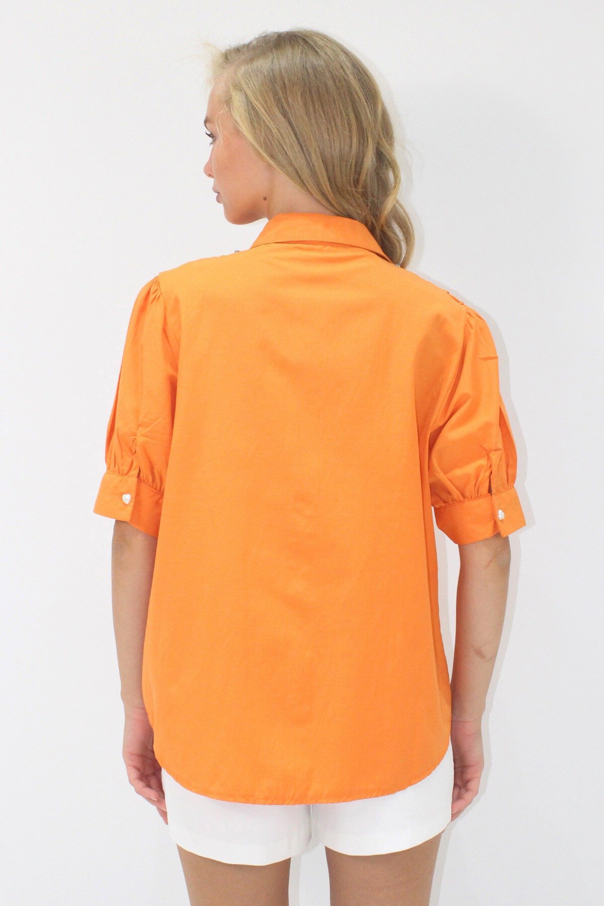 Turuncu Robası Fırfırlı Taş İşlemeli Karpuz Kol Poplin Gömlek