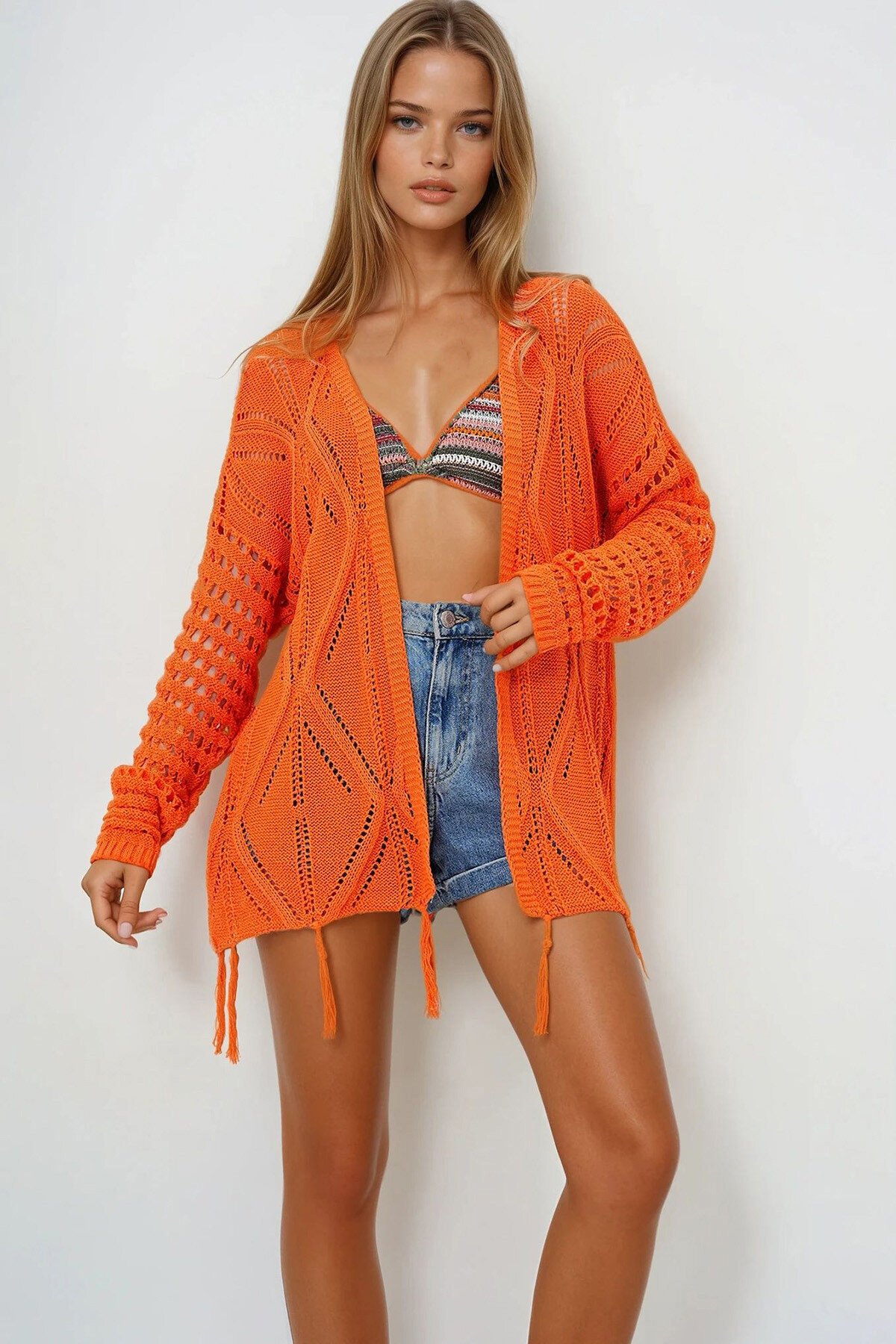 Turuncu Sırtı Kelebek Motifli Eteği Püsküllü Etnik Kroşe Hırka