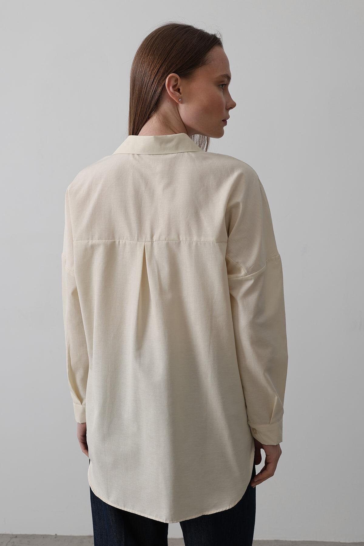 Ekru Uzun Kol Oversize Gömlek